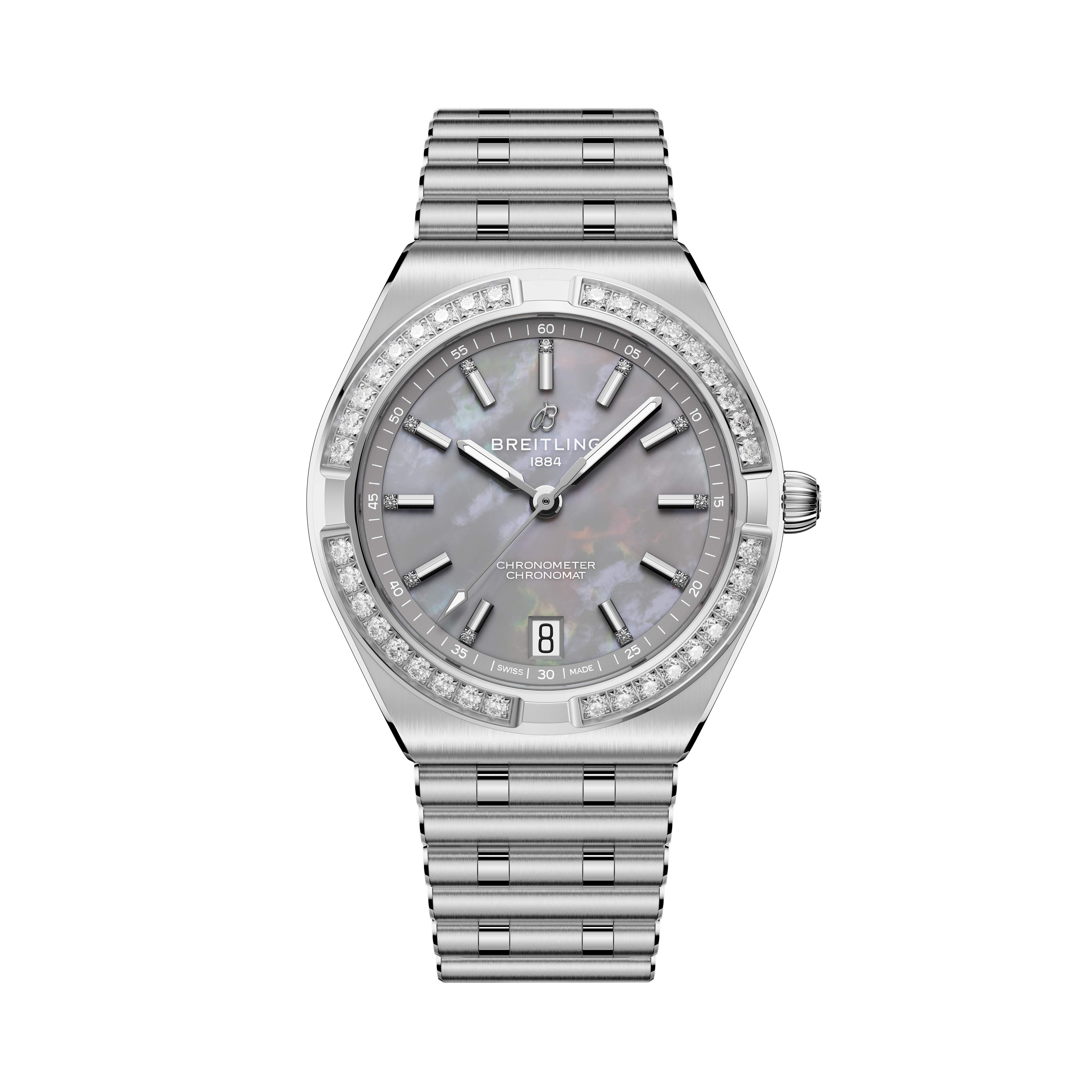 Breitling Chronomat Automatic 36 with gray dial, diamond bezel, and stainless steel bracelet.