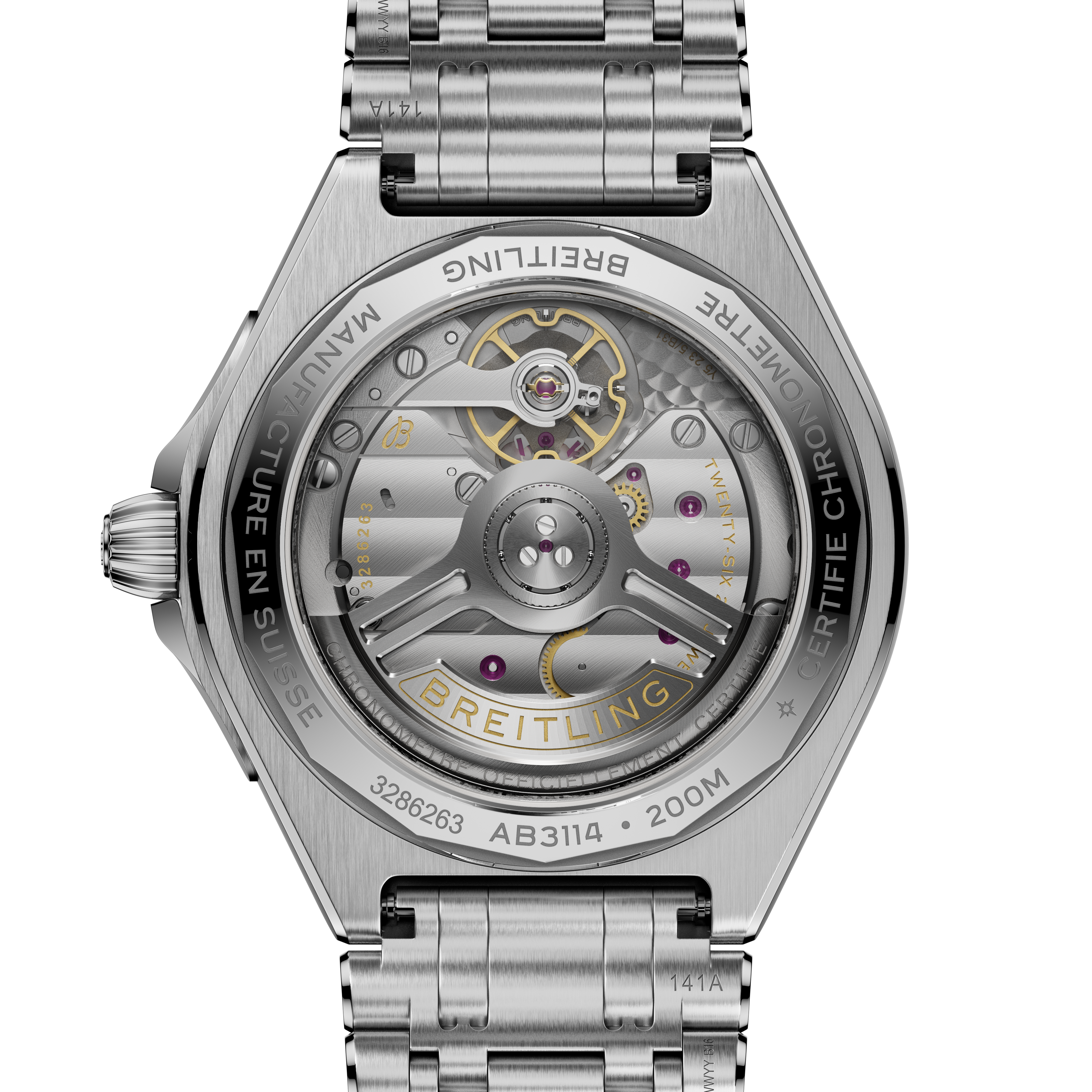 Stainless steel watch with visible automatic movement, sapphire caseback, and linked metal bracelet.