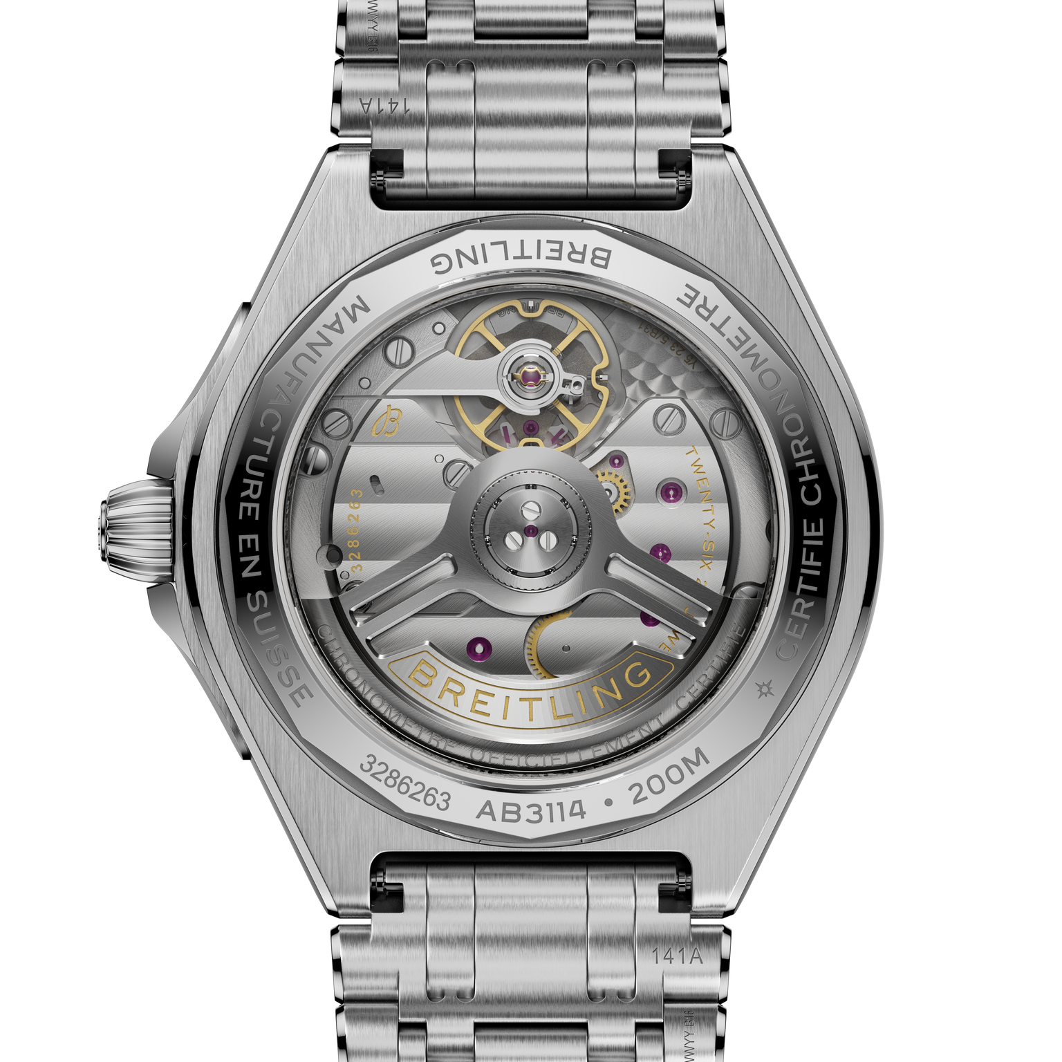 Stainless steel watch with visible automatic movement through display caseback, three-link metal bracelet, and Breitling text