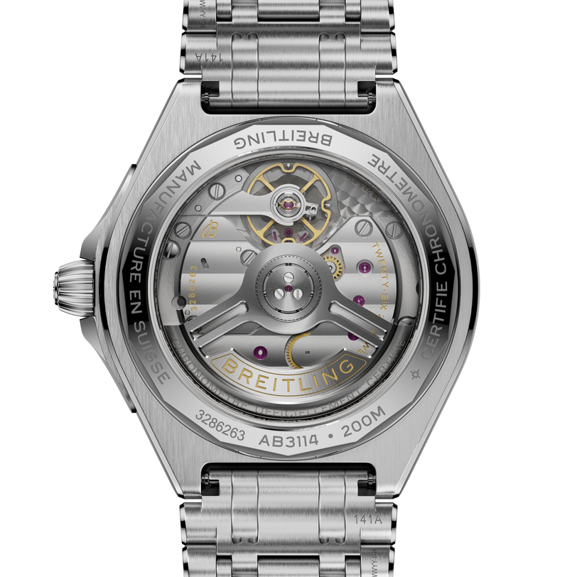 Stainless steel watch with visible automatic movement through display caseback, three-link metal bracelet, and Breitling text