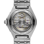 Stainless steel watch with visible automatic movement through display caseback, three-link metal bracelet, and Breitling text