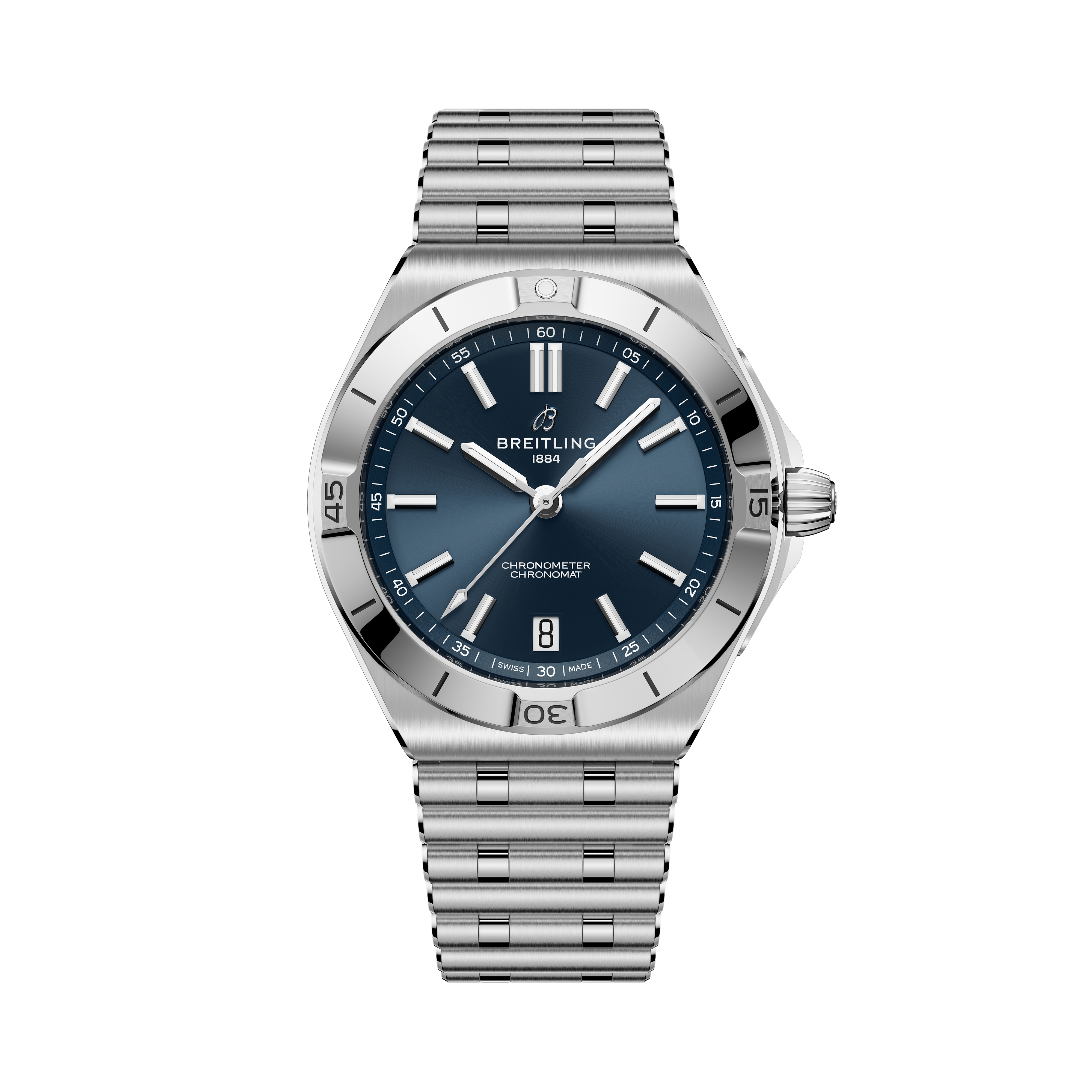 Stainless steel watch with dark blue dial, white hour markers, date window, and matching metal bracelet.