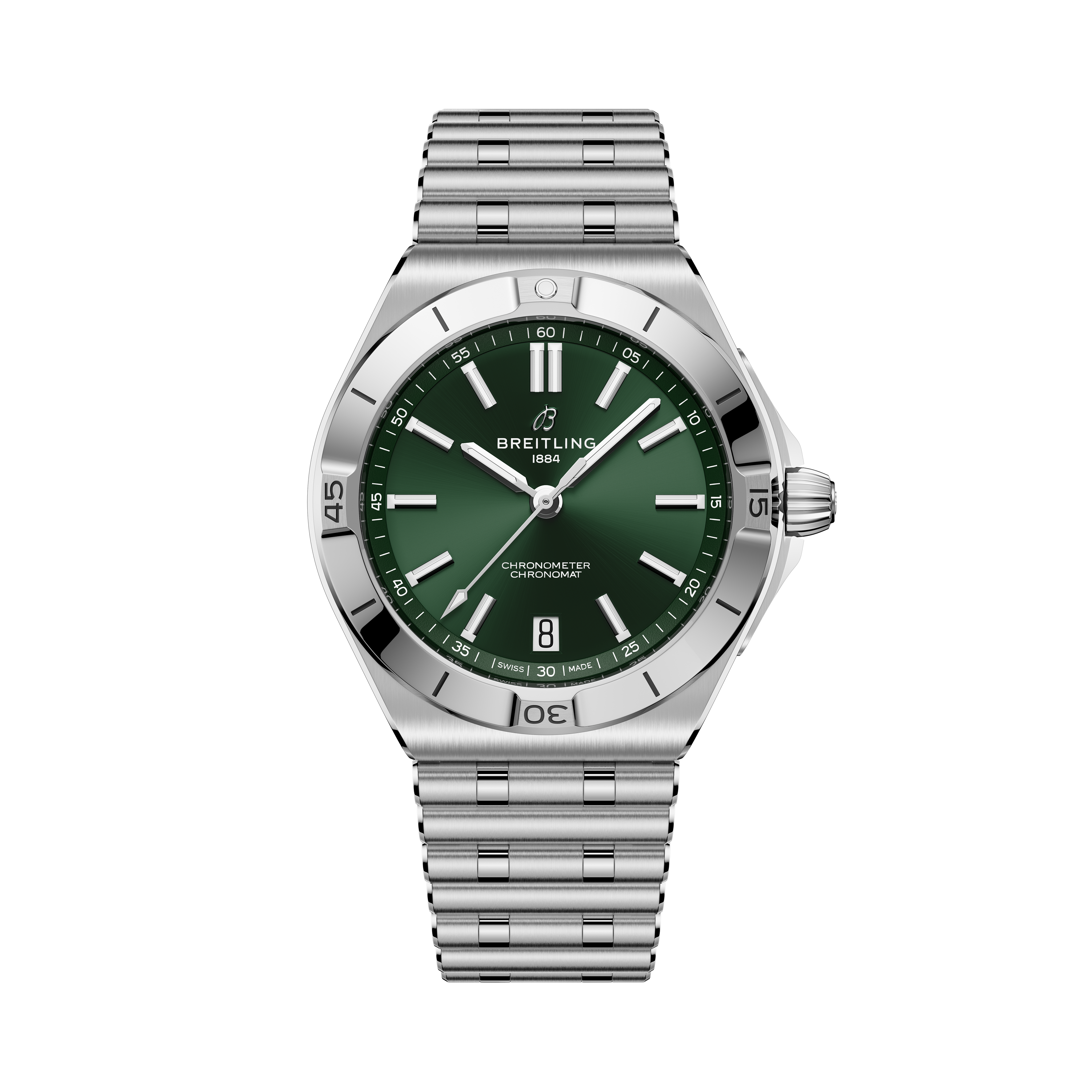 Stainless steel watch with green dial, white hour markers, date window, and matching metal bracelet.