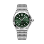 Stainless steel watch with green dial, white hour markers, date window, and matching metal bracelet.