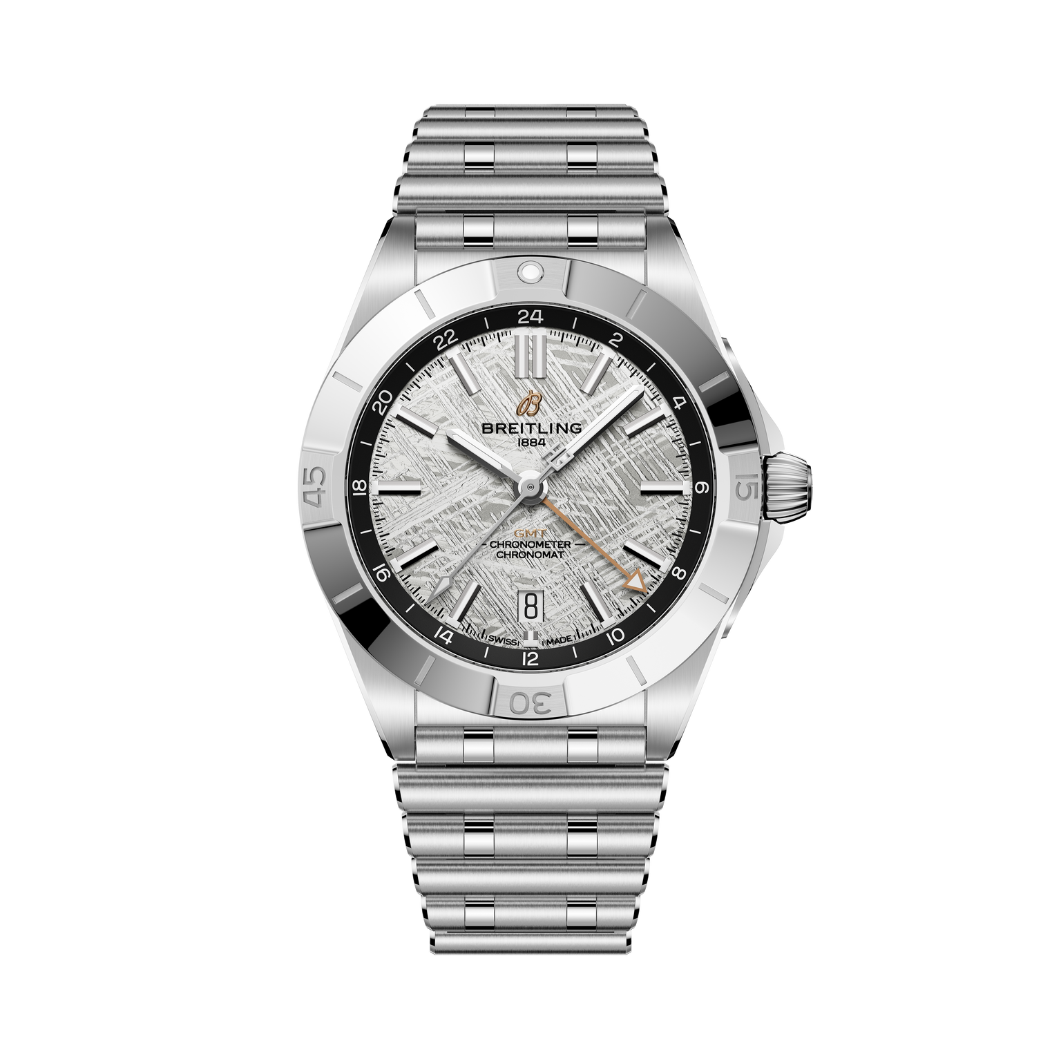 Breitling Chronomat Auto GMT 40 Erling Haaland wristwatch with a textured silver dial and metal link bracelet shown on a black background.