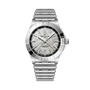 Breitling Chronomat Auto GMT 40 Erling Haaland wristwatch with a textured silver dial and metal link bracelet shown on a black background.