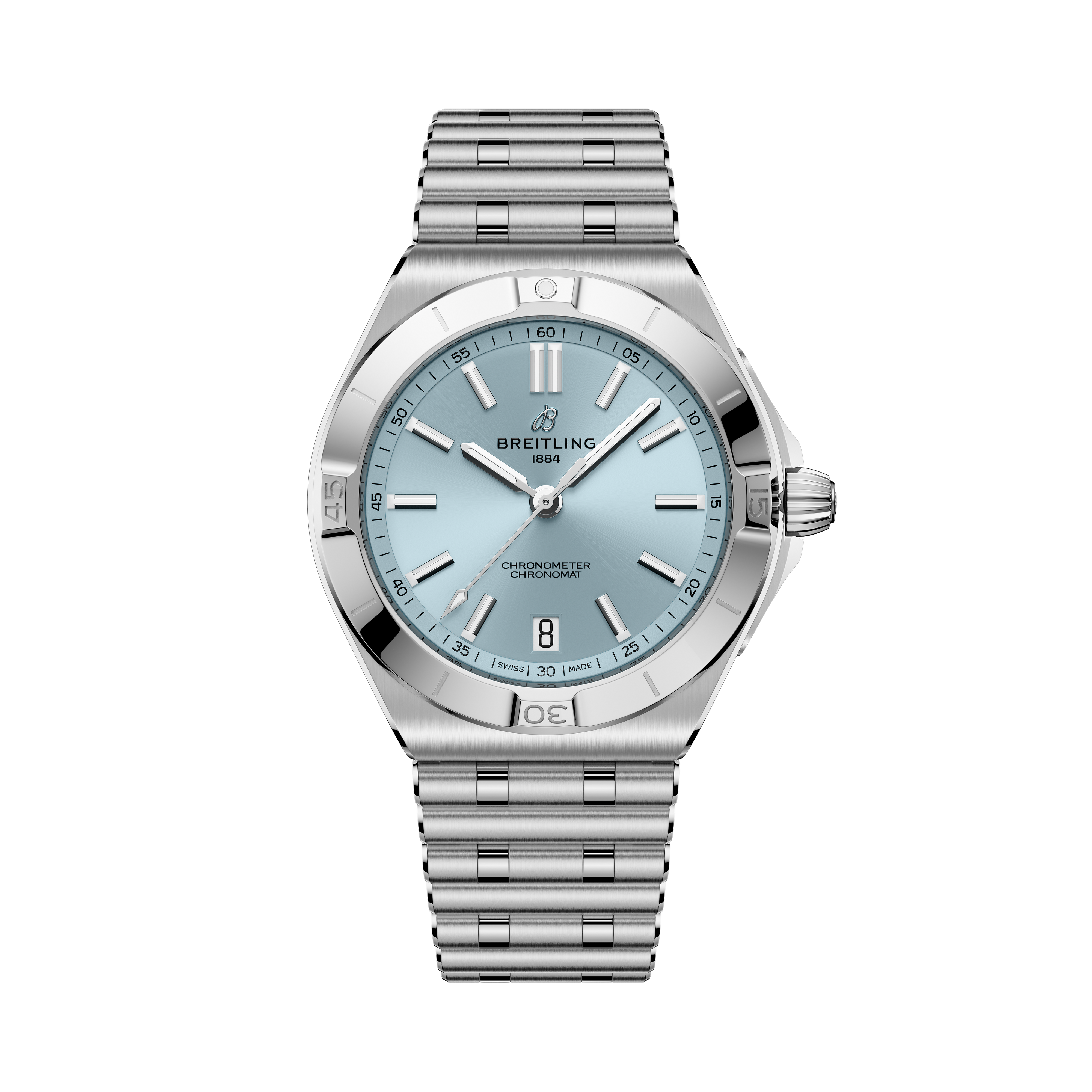 Stainless steel watch with light blue dial, applied hour markers, date window, and matching bracelet.