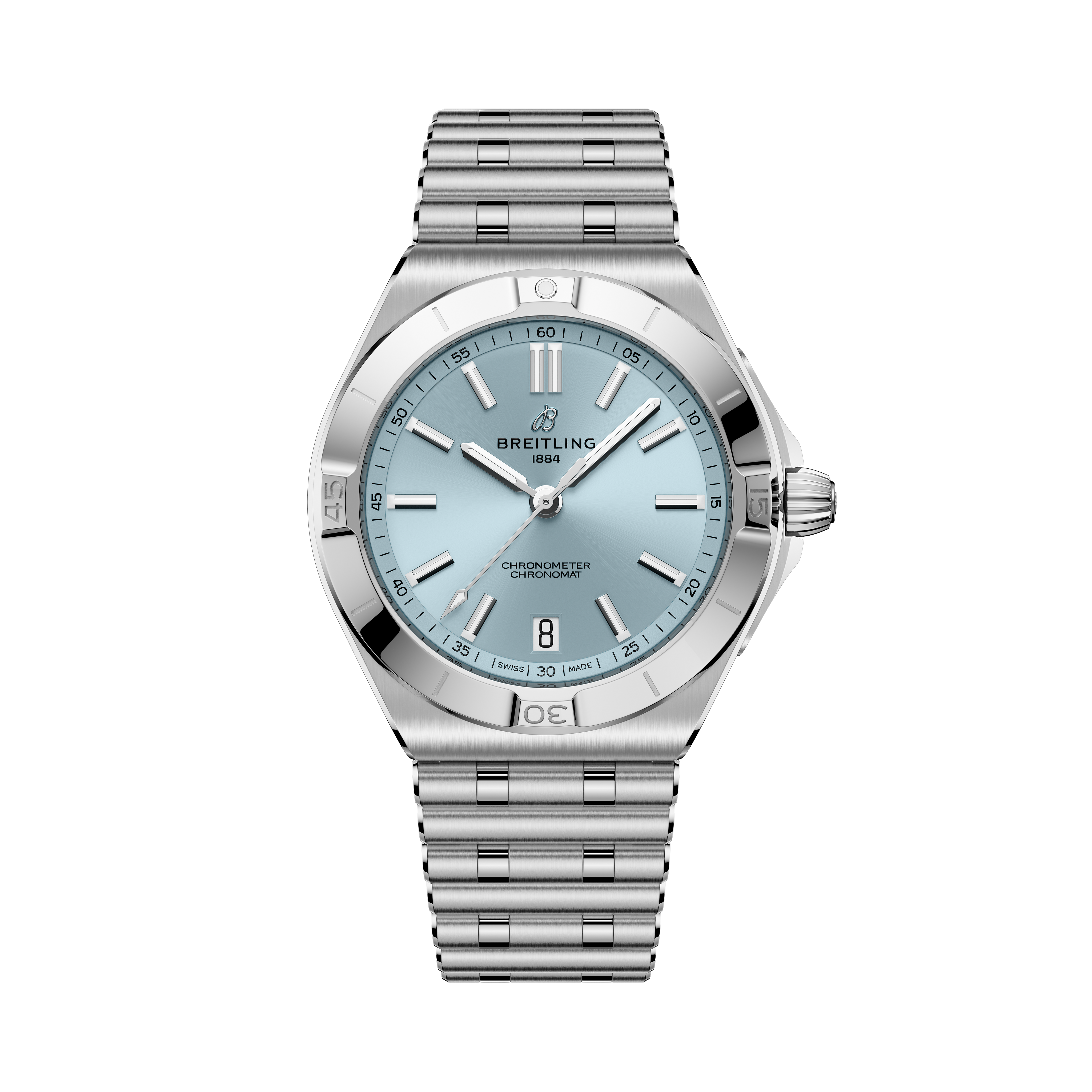 Stainless steel watch with light blue dial, applied hour markers, date window, and matching bracelet.