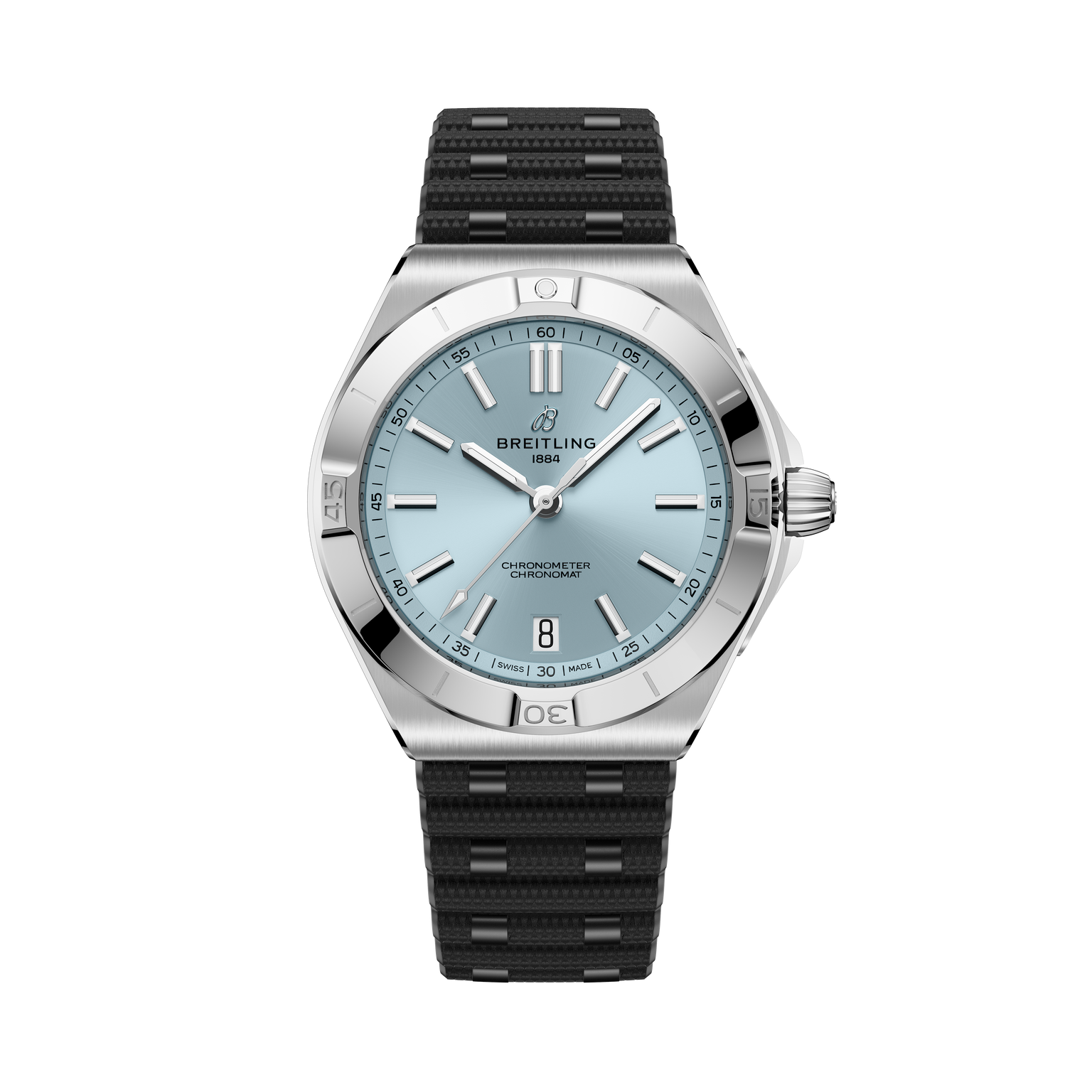 Stainless steel watch with light blue dial, applied hour markers, date window, and black rubber strap with silver accents.