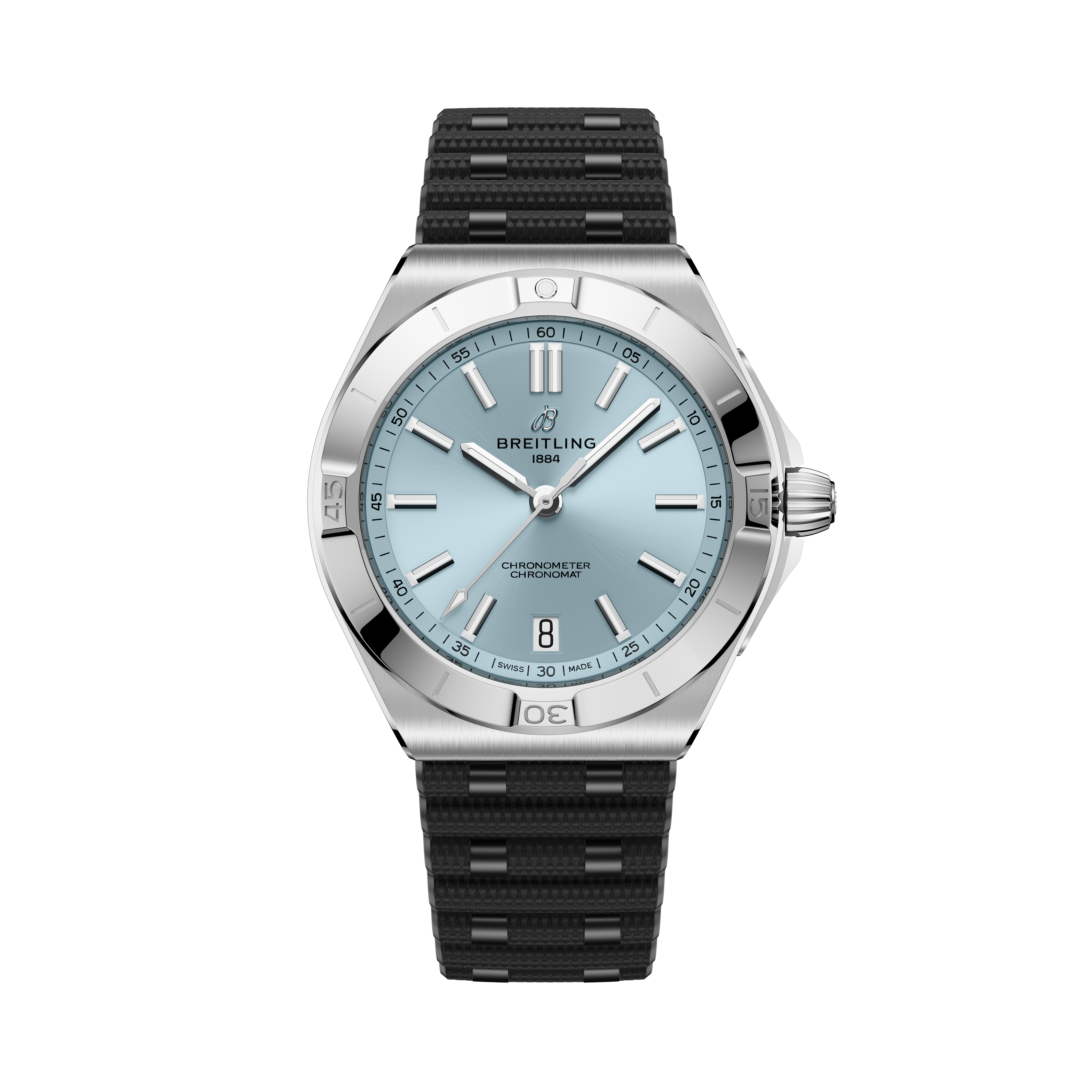 Stainless steel watch with light blue dial, applied hour markers, date window, and black rubber strap with silver accents.