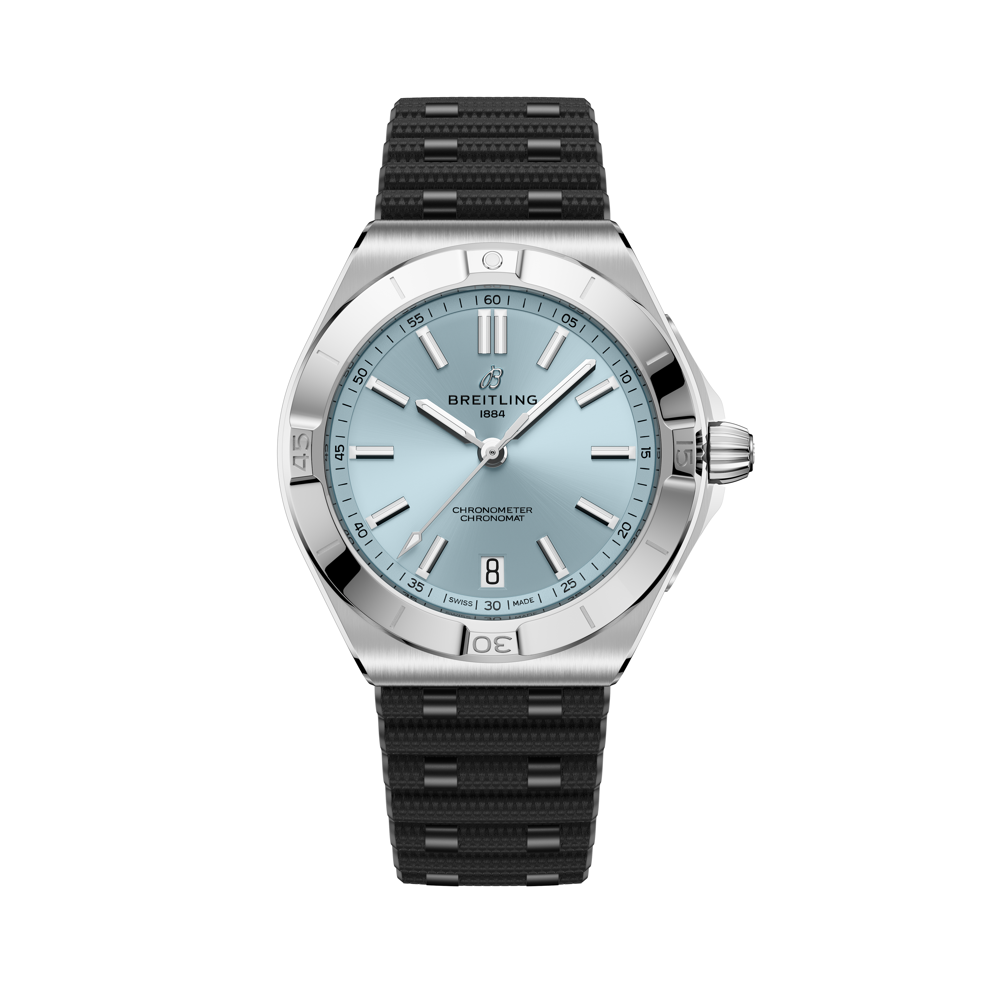 Stainless steel watch with light blue dial, applied hour markers, date window, and black rubber strap with silver accents.