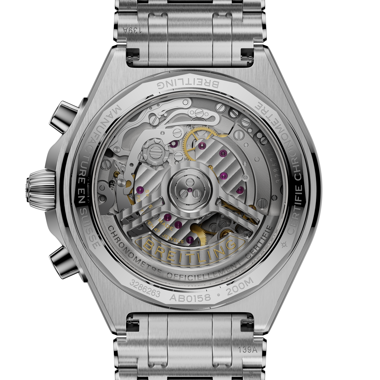 Stainless steel chronograph watch with visible mechanical movement through transparent caseback, metal bracelet, and chronogr