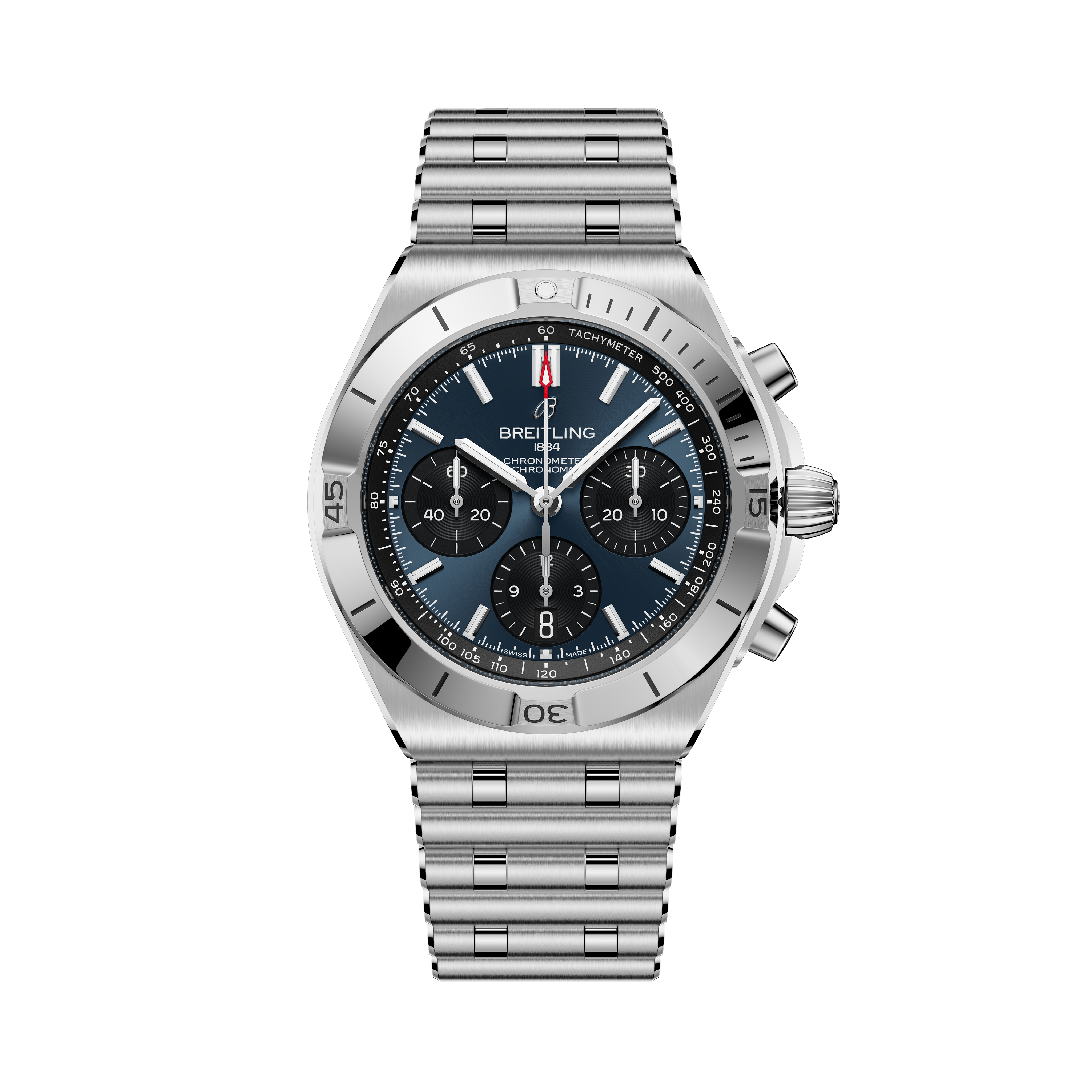 Breitling Chronomat B01 42 stainless steel chronograph watch with dark blue dial and metal bracelet.