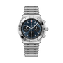 Breitling Chronomat B01 42 stainless steel chronograph watch with dark blue dial and metal bracelet.