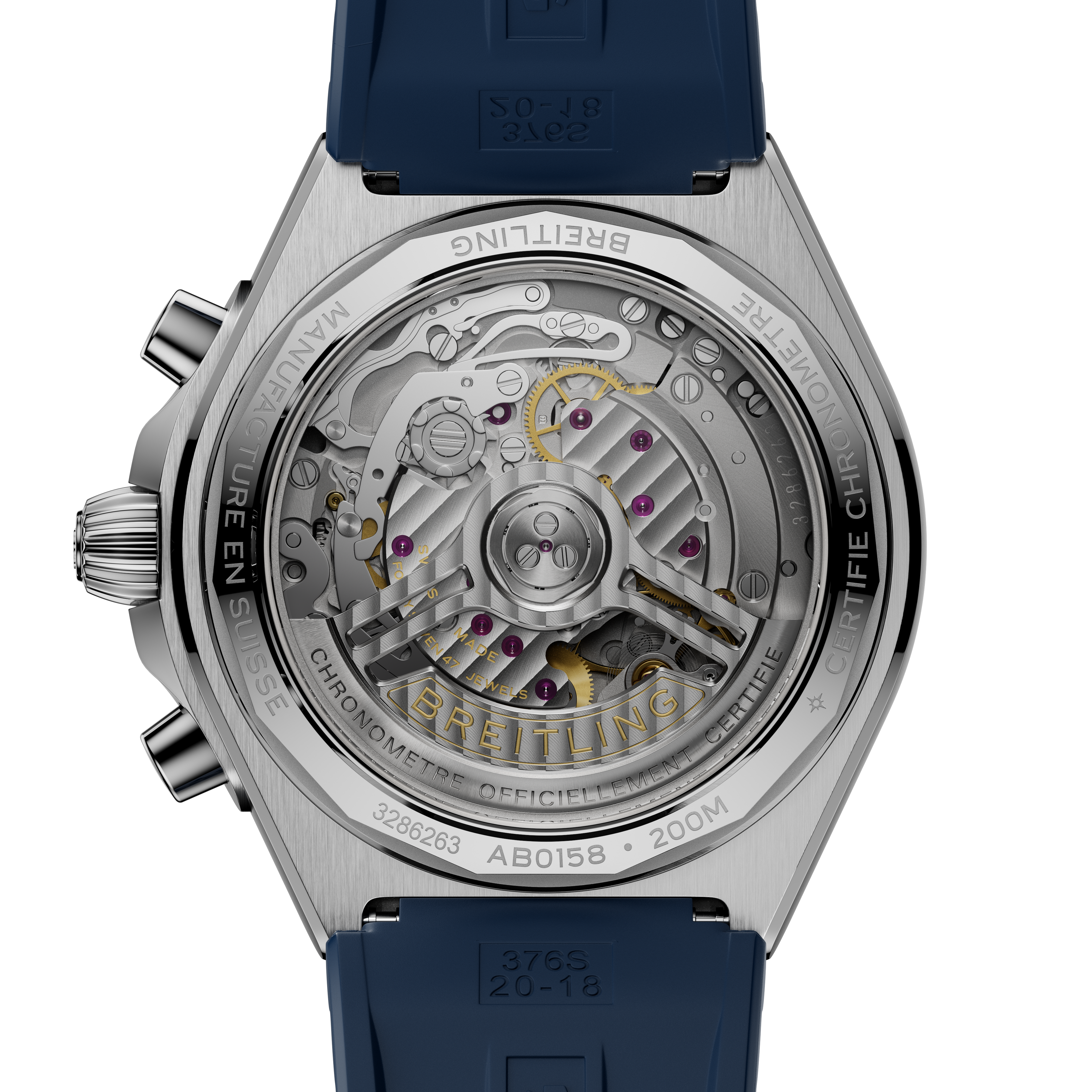 Stainless steel watch with visible mechanical movement, purple jewels, gold accents, and blue rubber strap shown from case ba