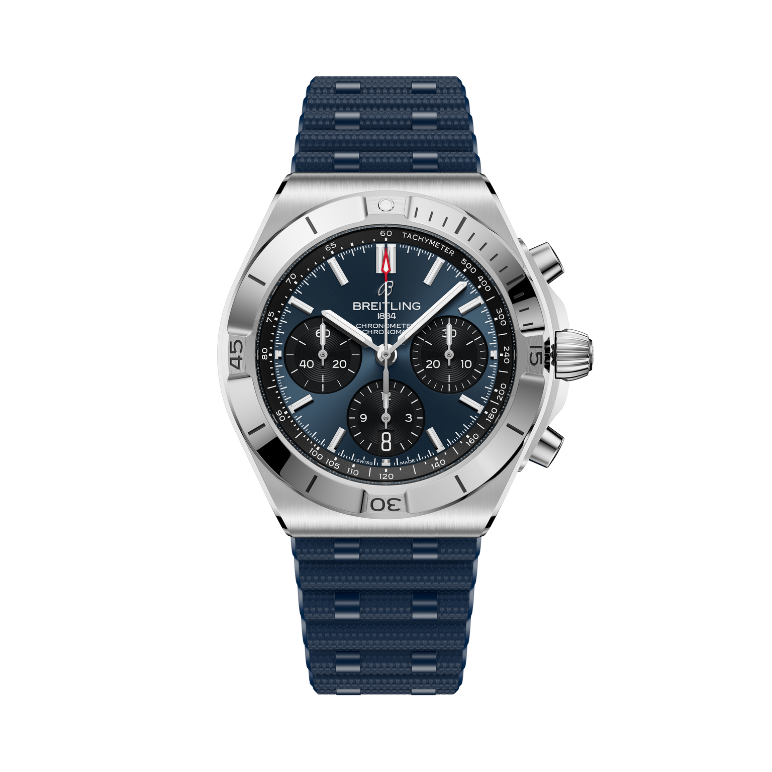 Breitling Chronomat B01 42 stainless steel chronograph watch with black dial and blue rubber strap.
