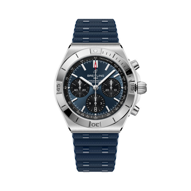 Breitling Chronomat B01 42 stainless steel chronograph watch with black dial and blue rubber strap.