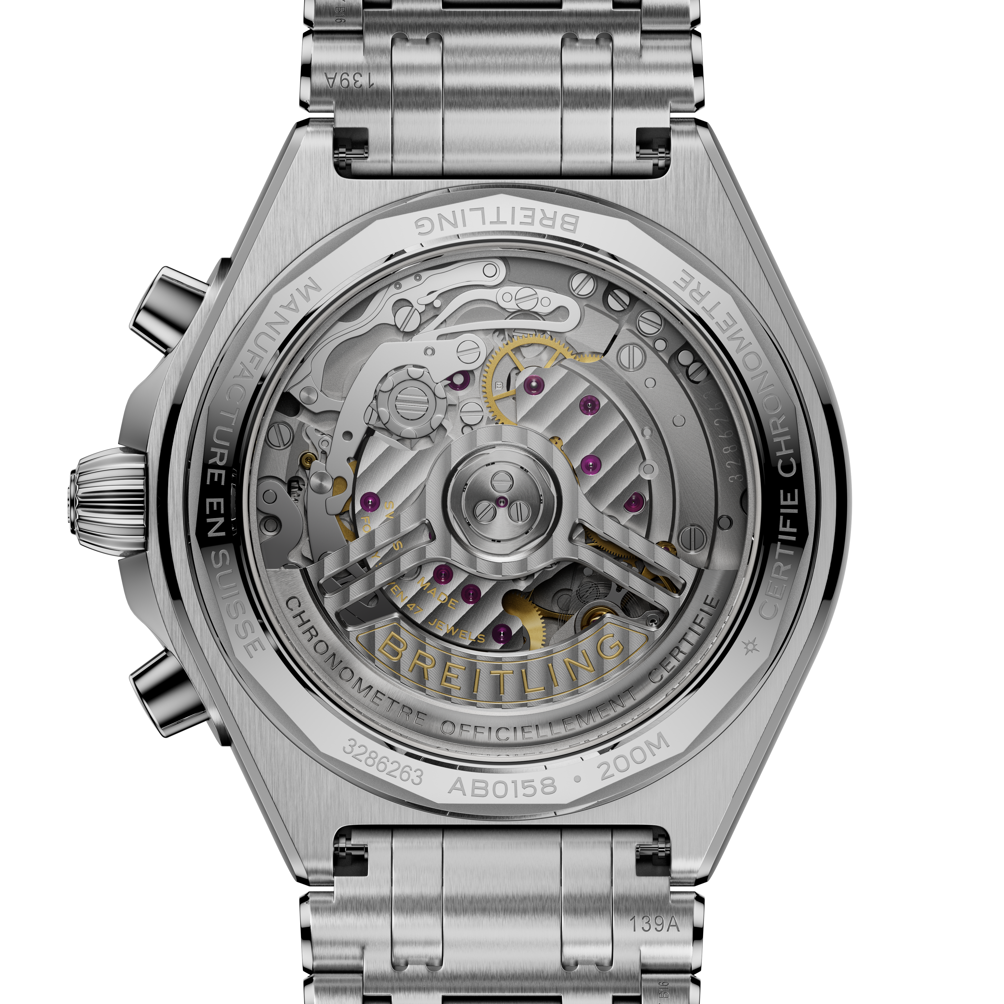 Stainless steel chronograph watch with visible mechanical movement through transparent caseback and three-link metal bracelet