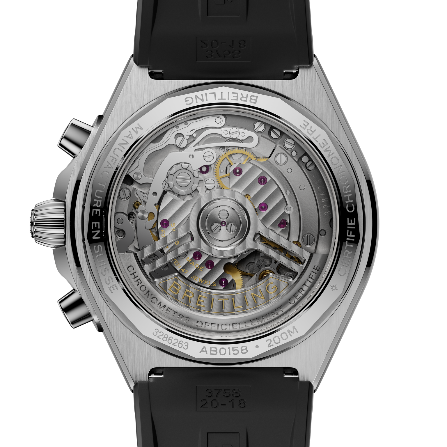 Stainless steel chronograph watch with visible mechanical movement, black rubber strap, and transparent caseback displaying j