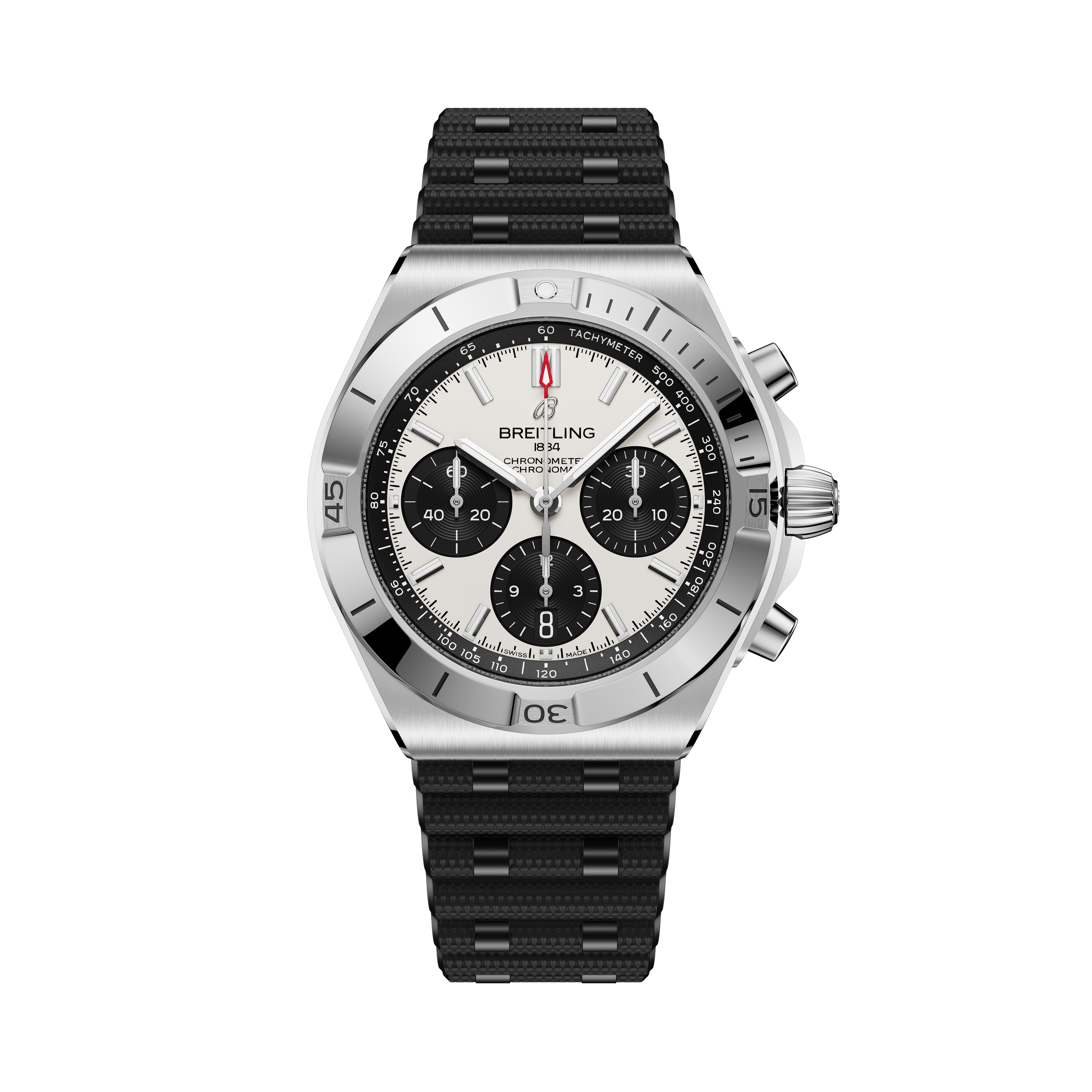 Breitling Chronomat B01 42mm chronograph watch with stainless steel case, cream dial, black subdials, and black rubber strap.