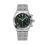 Stainless steel chronograph watch with dark green dial, tachymeter bezel, and matching metal bracelet.