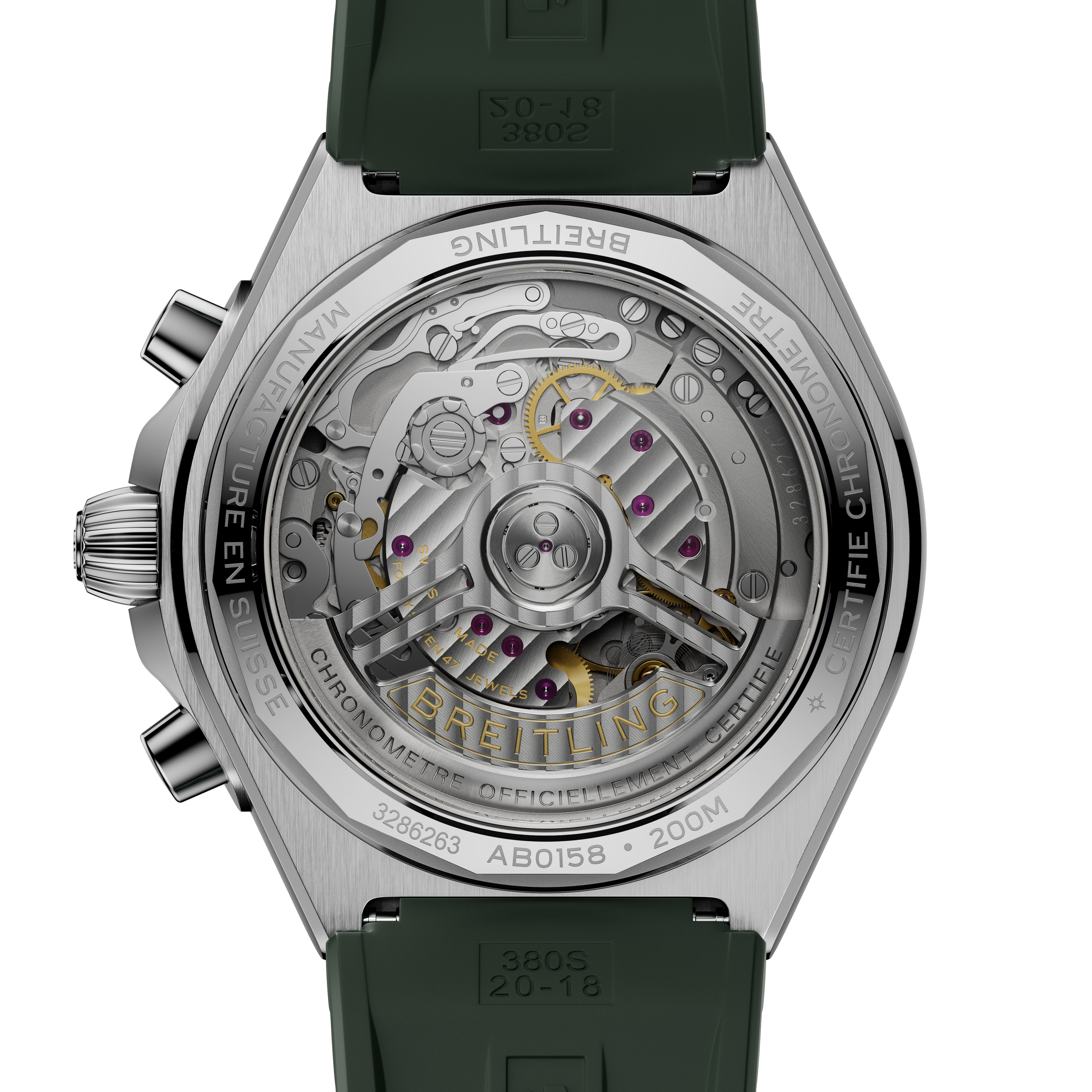 Stainless steel watch with visible mechanical movement through transparent caseback, green rubber strap, and chronograph push