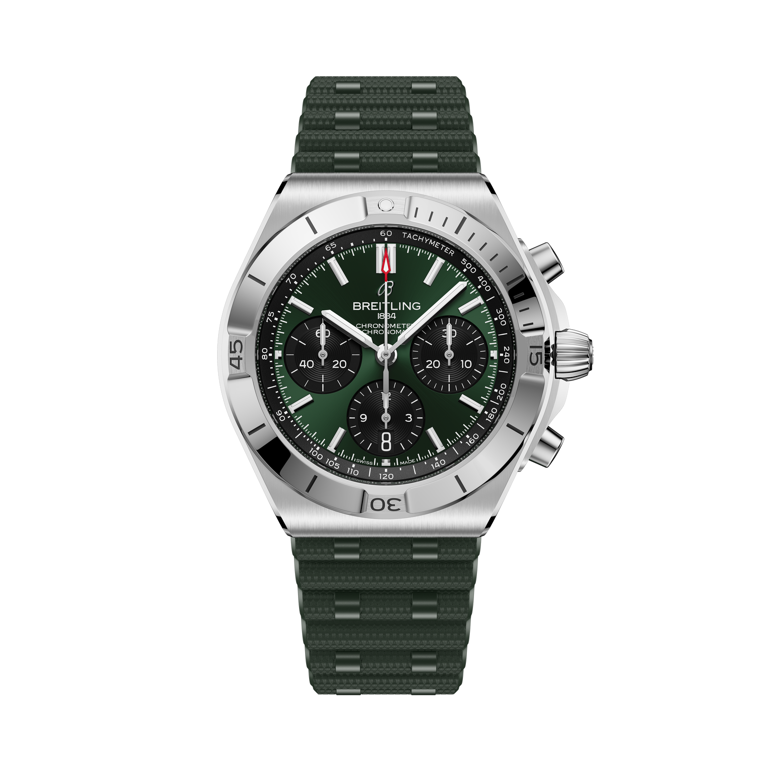 Breitling Chronomat B01 42 with stainless steel case, dark green dial, chronograph subdials, and matching green rubber strap.