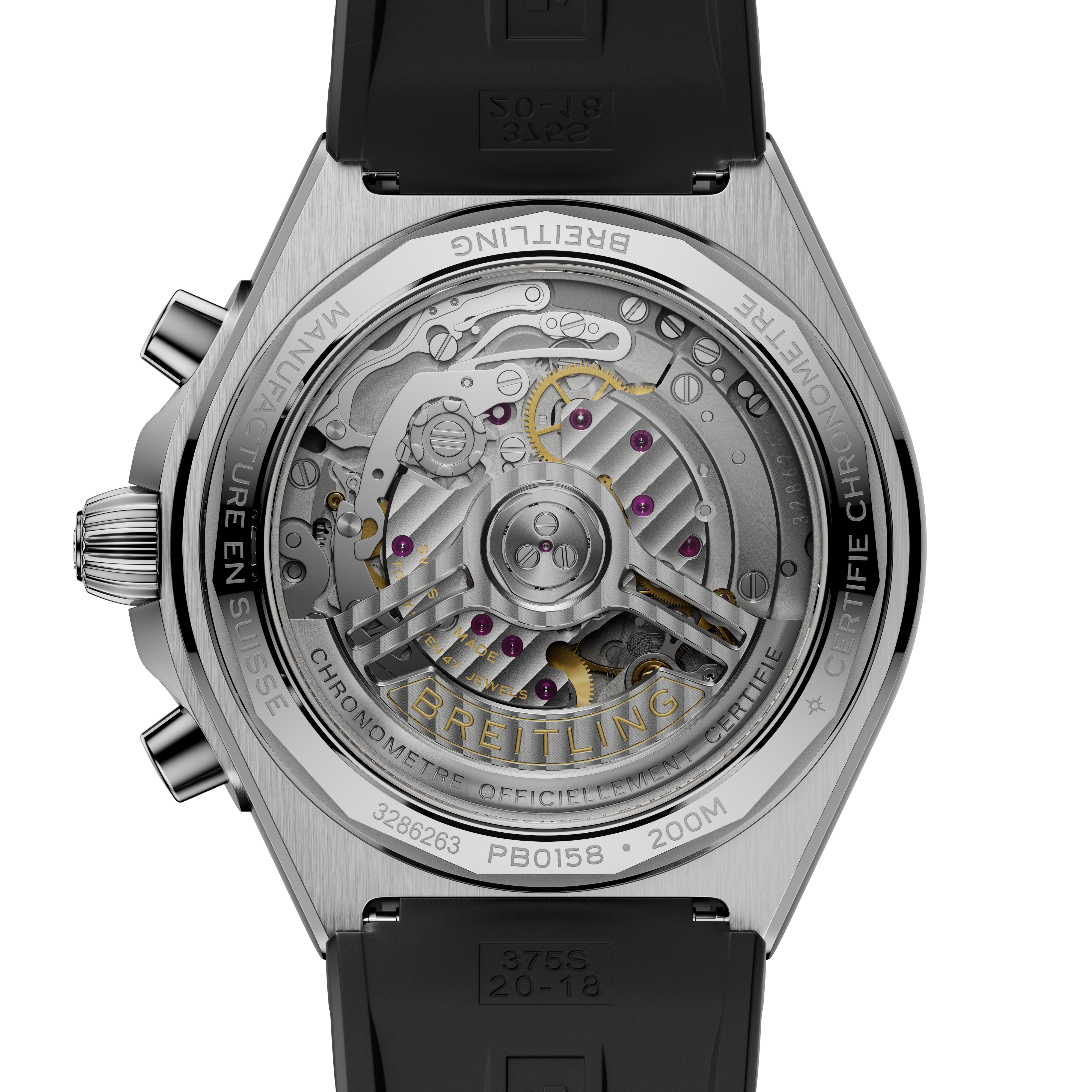 Stainless steel chronograph watch with visible mechanical movement through transparent caseback, black rubber strap.