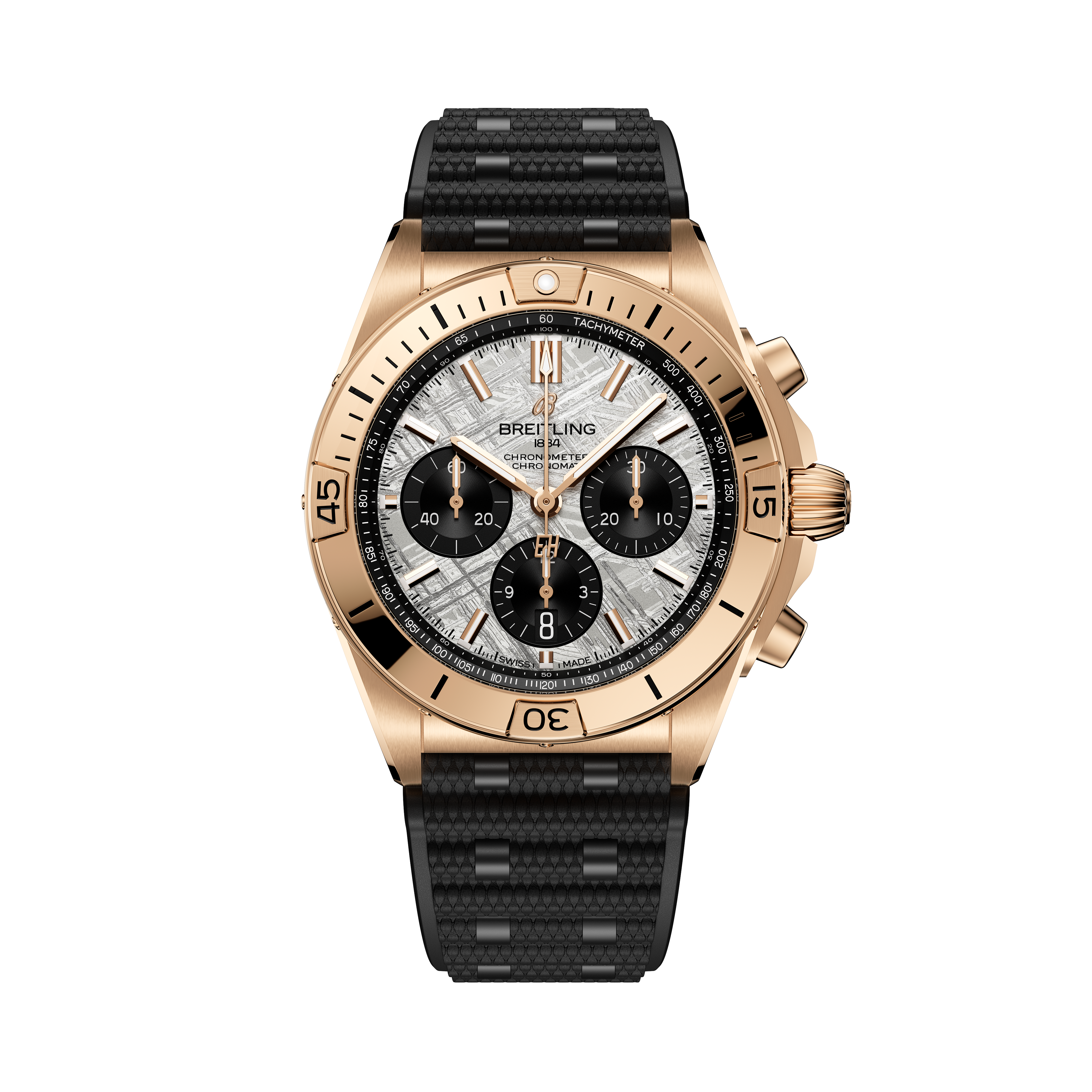 The Breitling Chronomat B01 42 Erling Haaland features a gold case, black bezel, black strap, and a silver dial with three subdials.