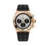 The Breitling Chronomat B01 42 Erling Haaland features a gold case, black bezel, black strap, and a silver dial with three subdials.