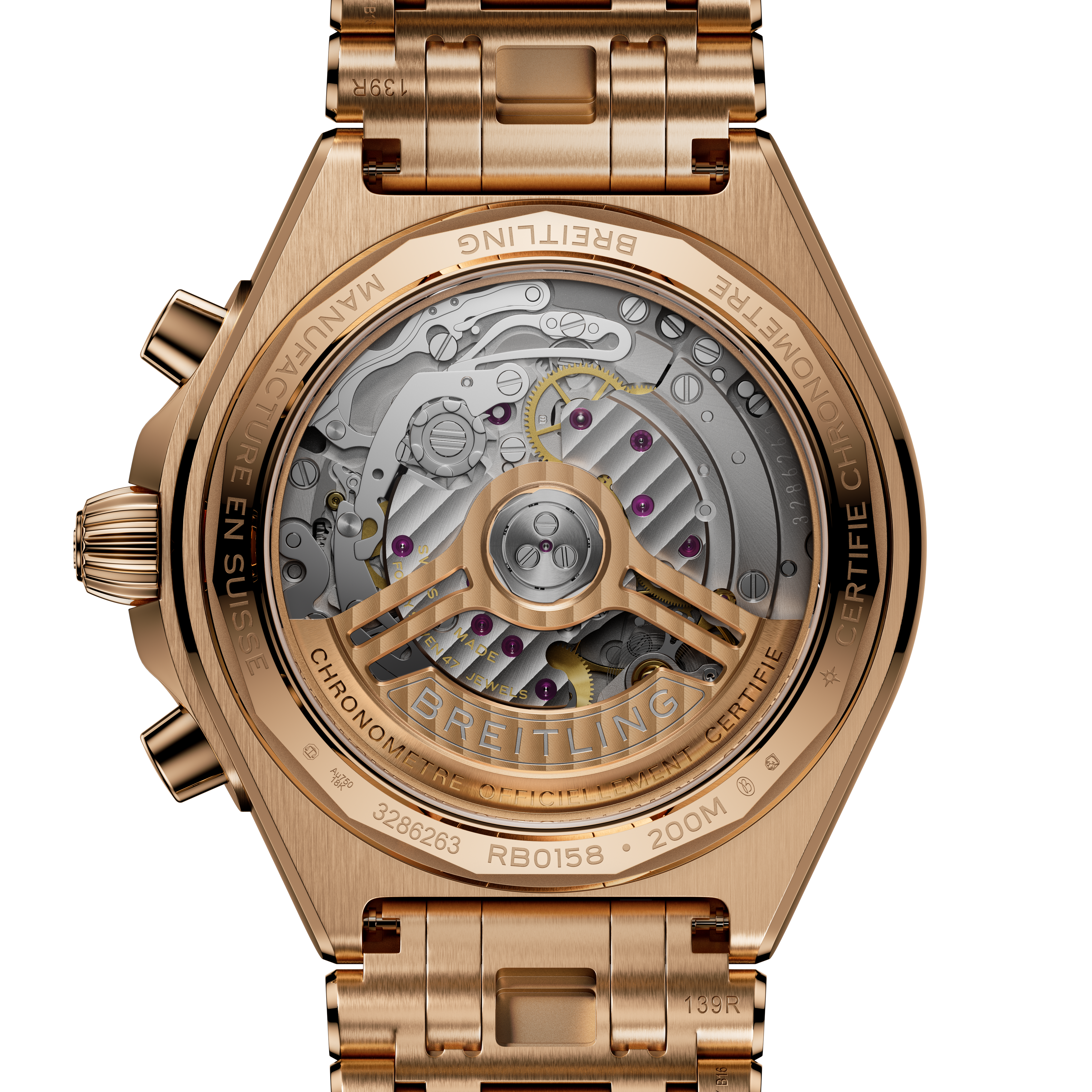 Gold-tone chronograph watch with visible mechanical movement through transparent case back and matching bracelet.