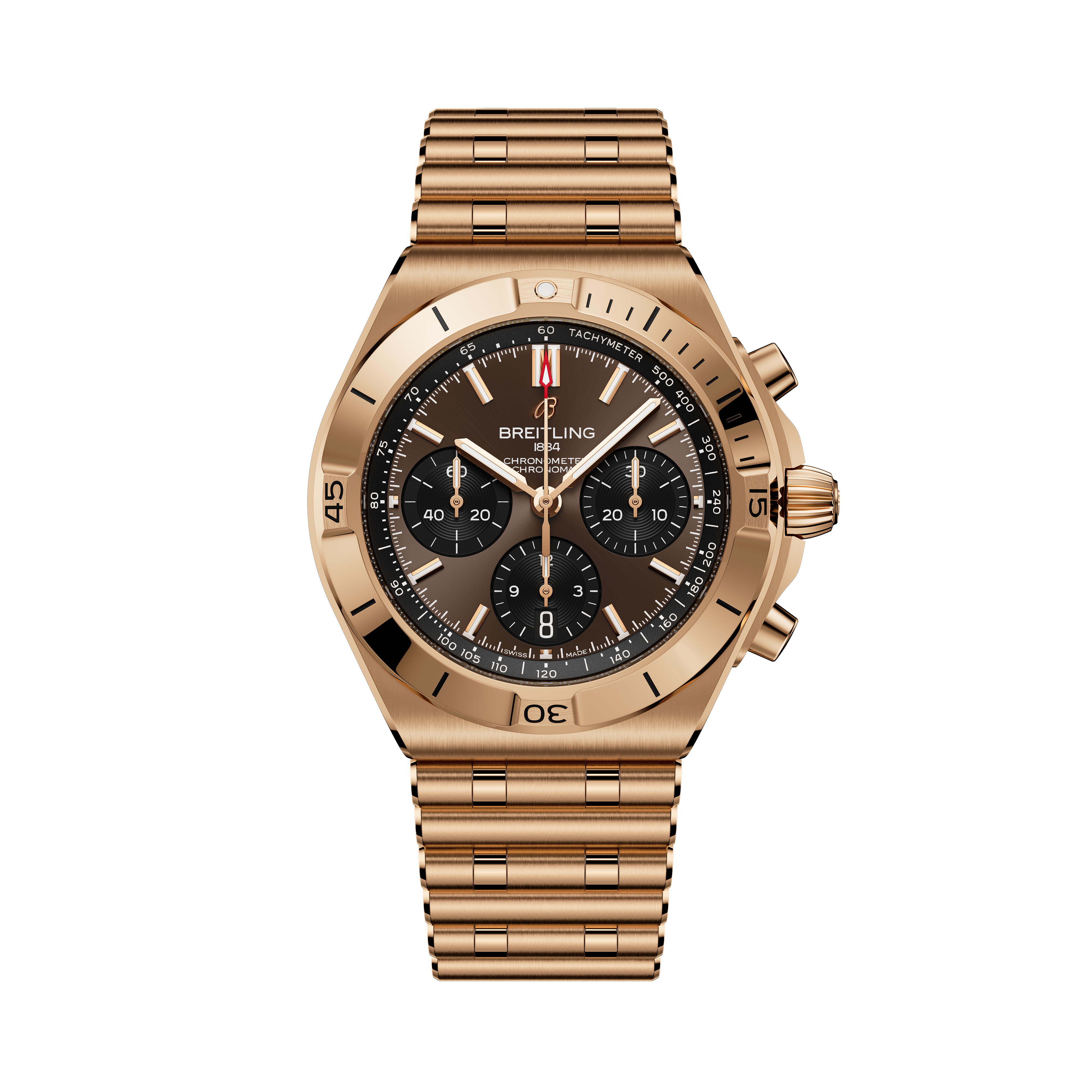 Gold-tone chronograph watch with black dial, three subdials, tachymeter bezel, and matching bracelet strap.