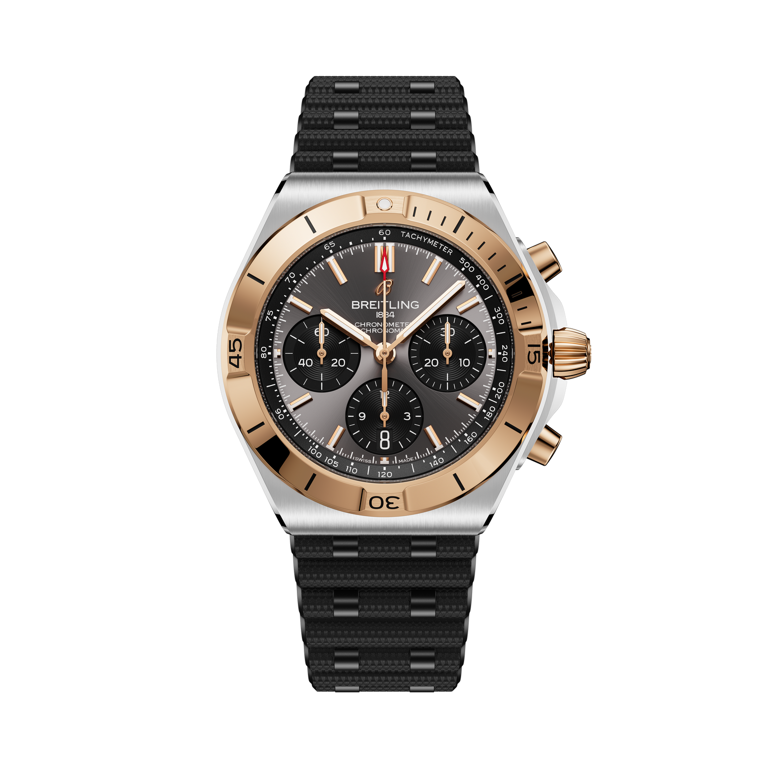 Breitling Chronomat B01 42 chronograph watch with two-tone steel and rose gold case, black dial, and black rubber strap.