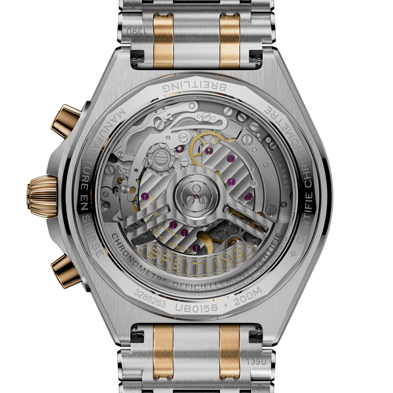 Chronomat B01 42 watch with two-tone steel and gold bracelet, showing exposed movement through transparent caseback with visi