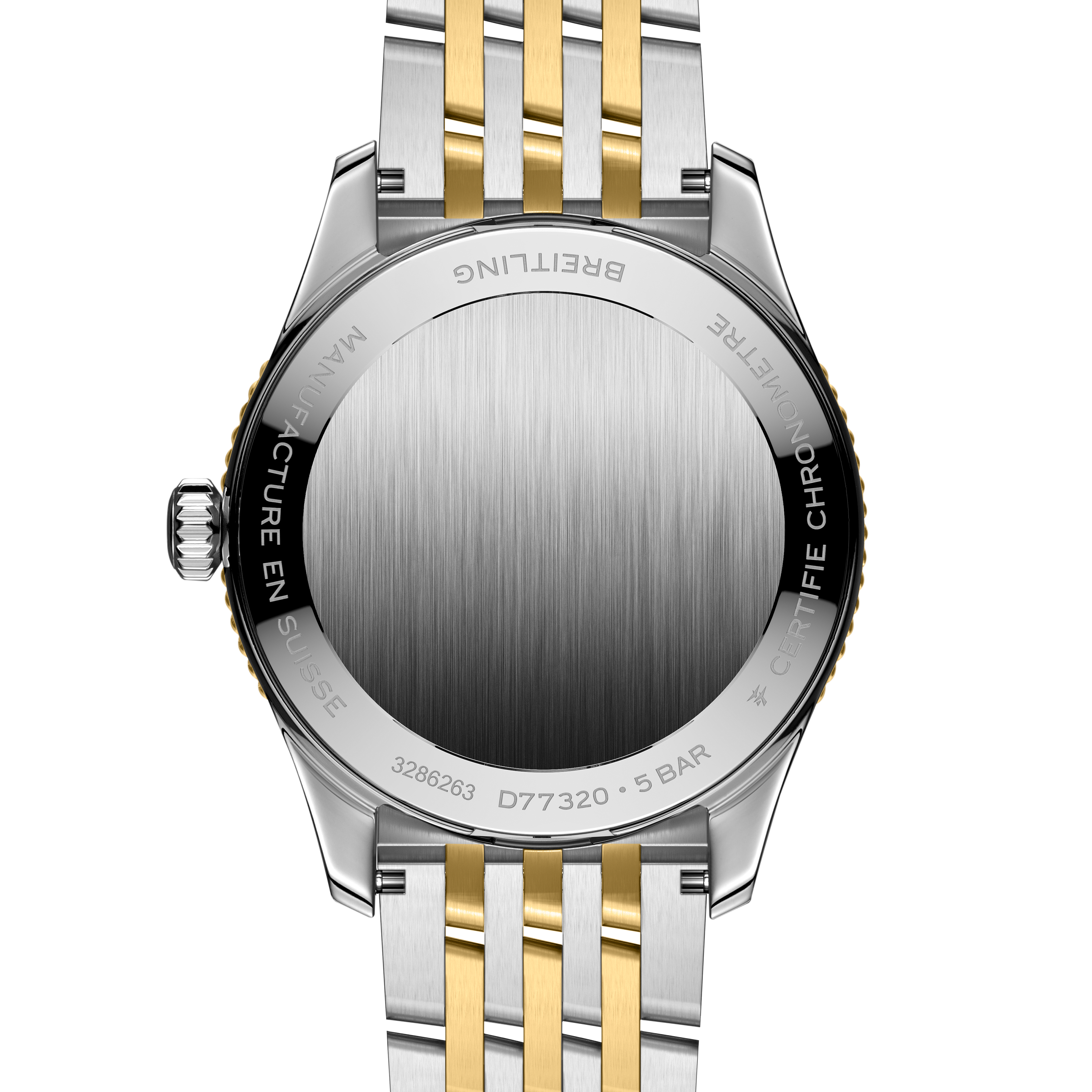 Navitimer watch with brushed silver dial, stainless steel and yellow gold two-tone bracelet, viewed from back.