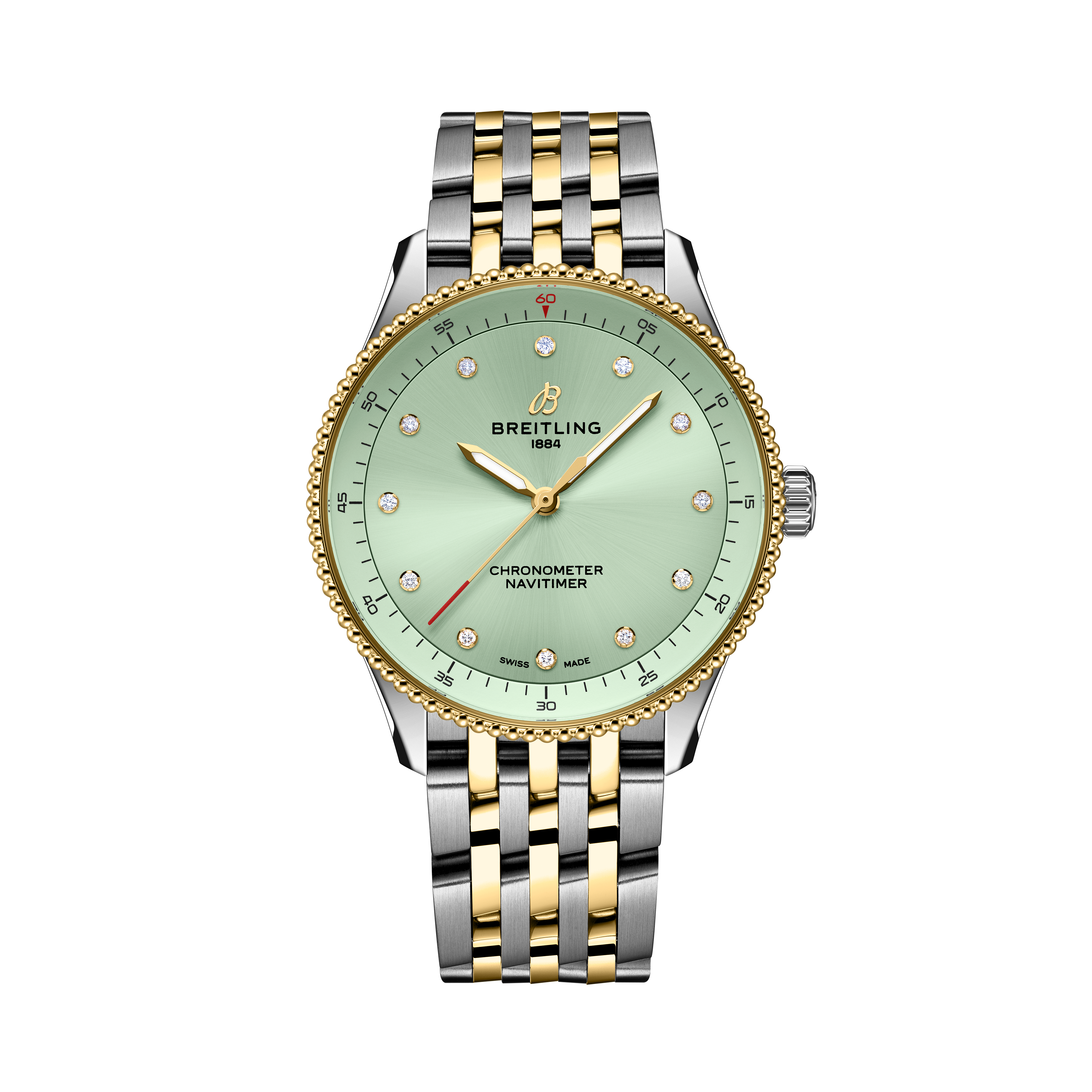 Breitling Navitimer ladies watch with mint green dial, diamond hour markers, two-tone stainless steel and yellow gold bracele