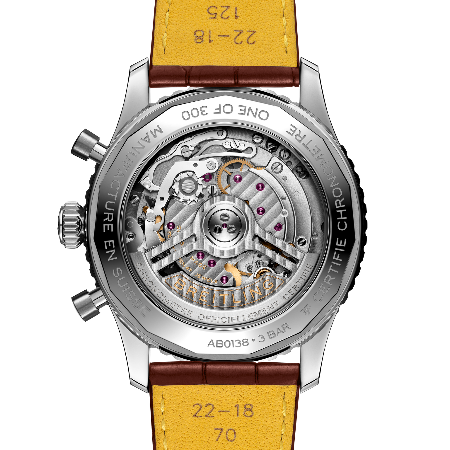 Watch with yellow leather strap and visible mechanical components on a white background