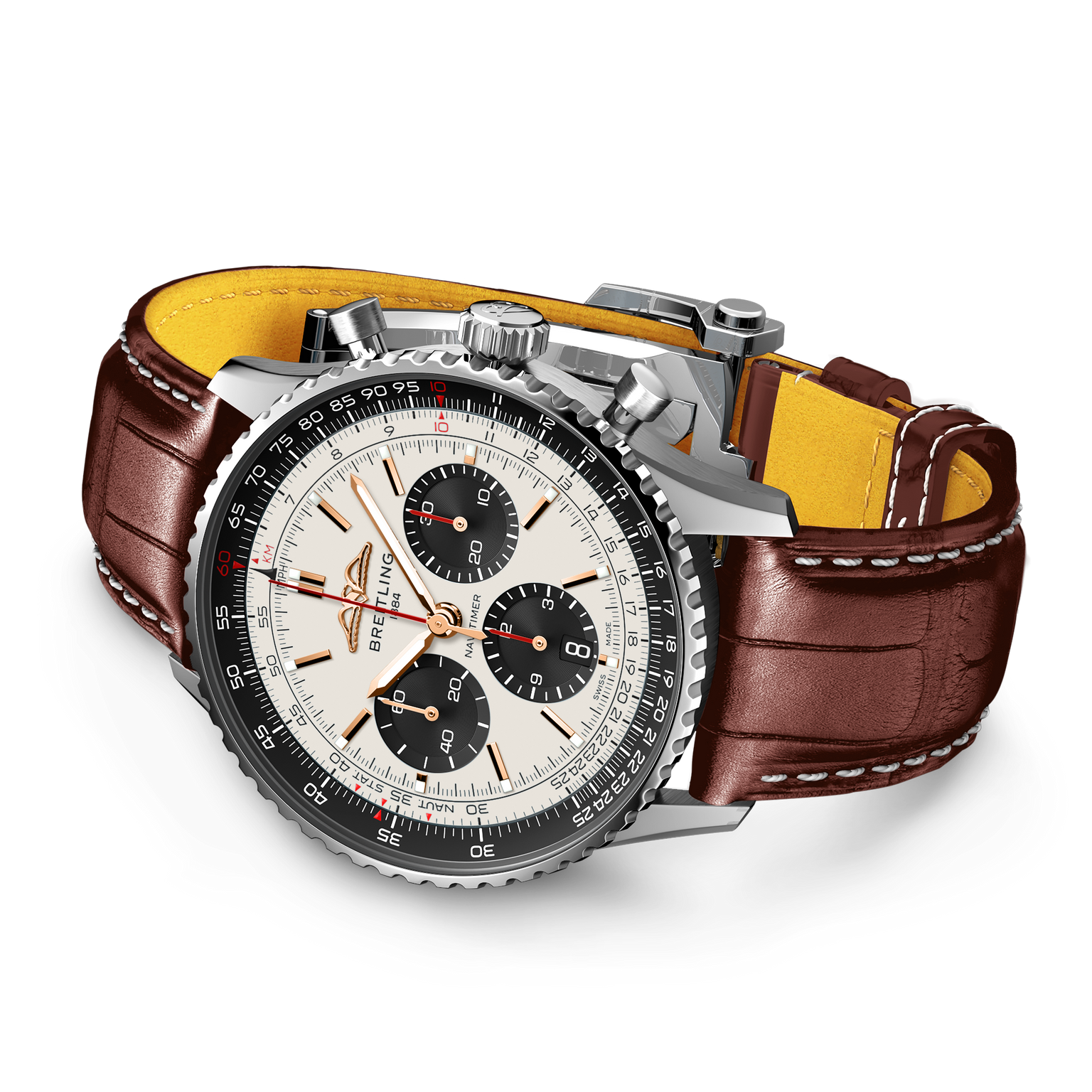 Luxury watch with brown leather strap and yellow interior on a white background