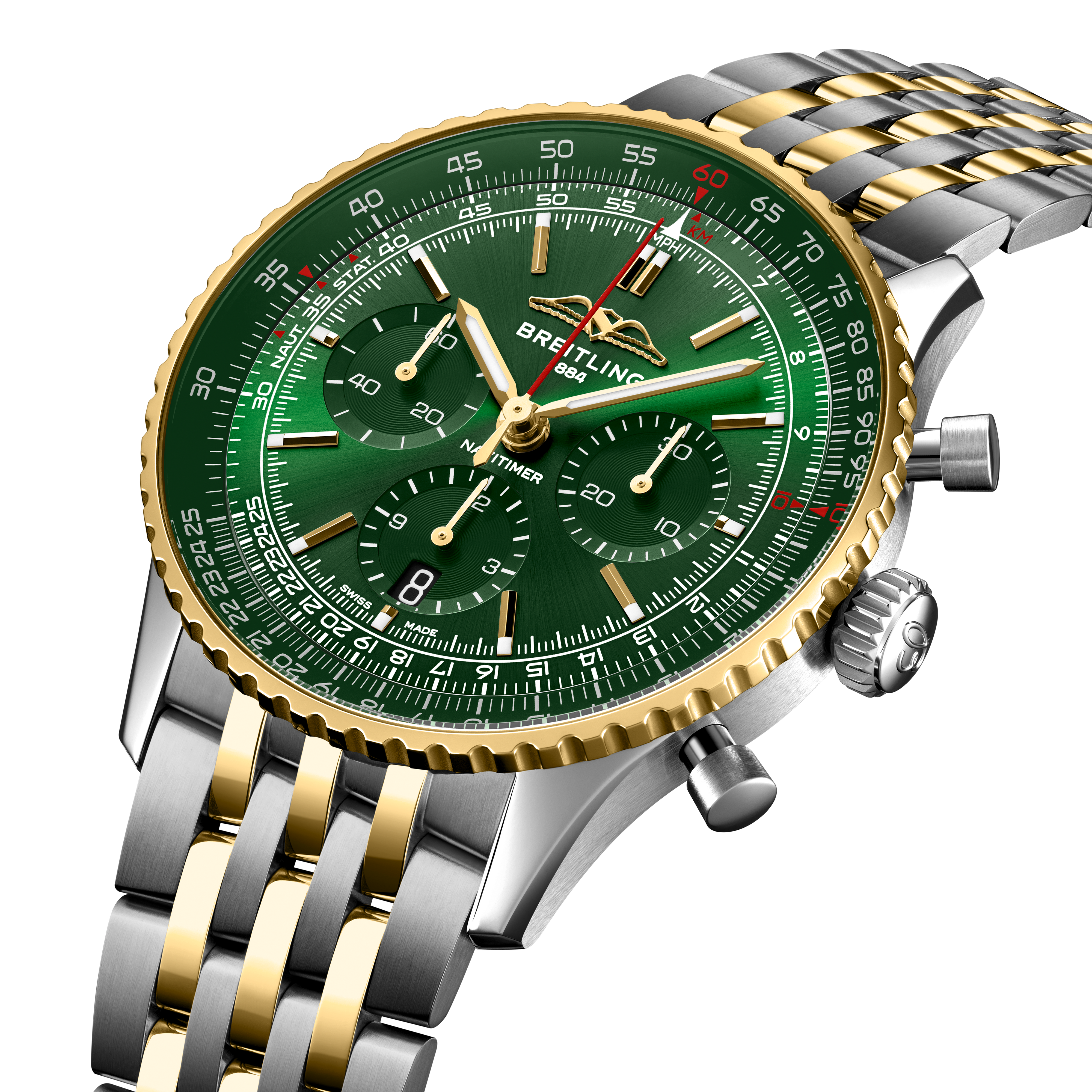 Breitling Navitimer B01 chronograph with green dial, gold and stainless steel bracelet, and rotating bezel.