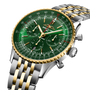 Breitling Navitimer B01 chronograph with green dial, gold and stainless steel bracelet, and rotating bezel.