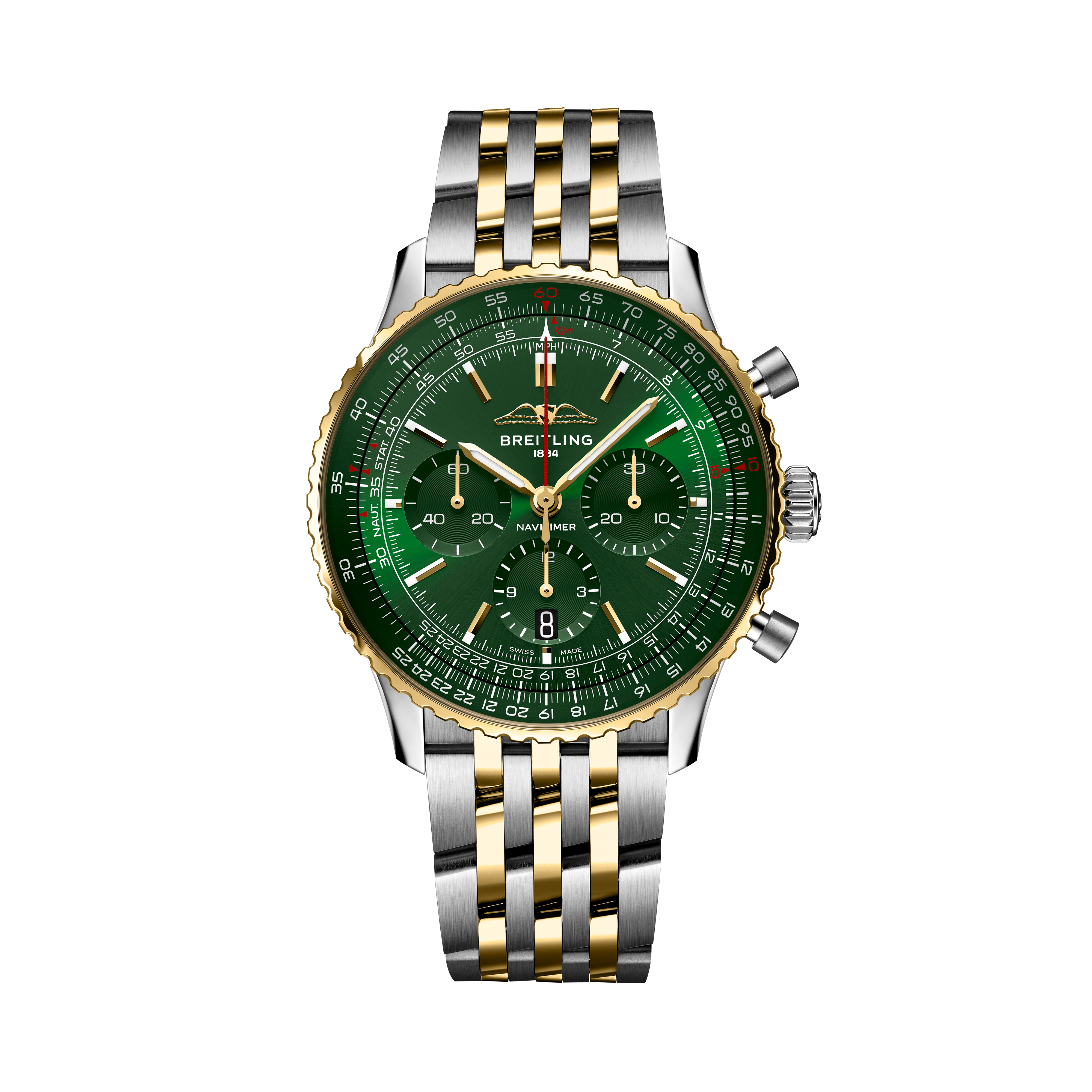 Breitling Navitimer B01 chronograph with green dial, gold bezel, and two-tone stainless steel and yellow gold bracelet.