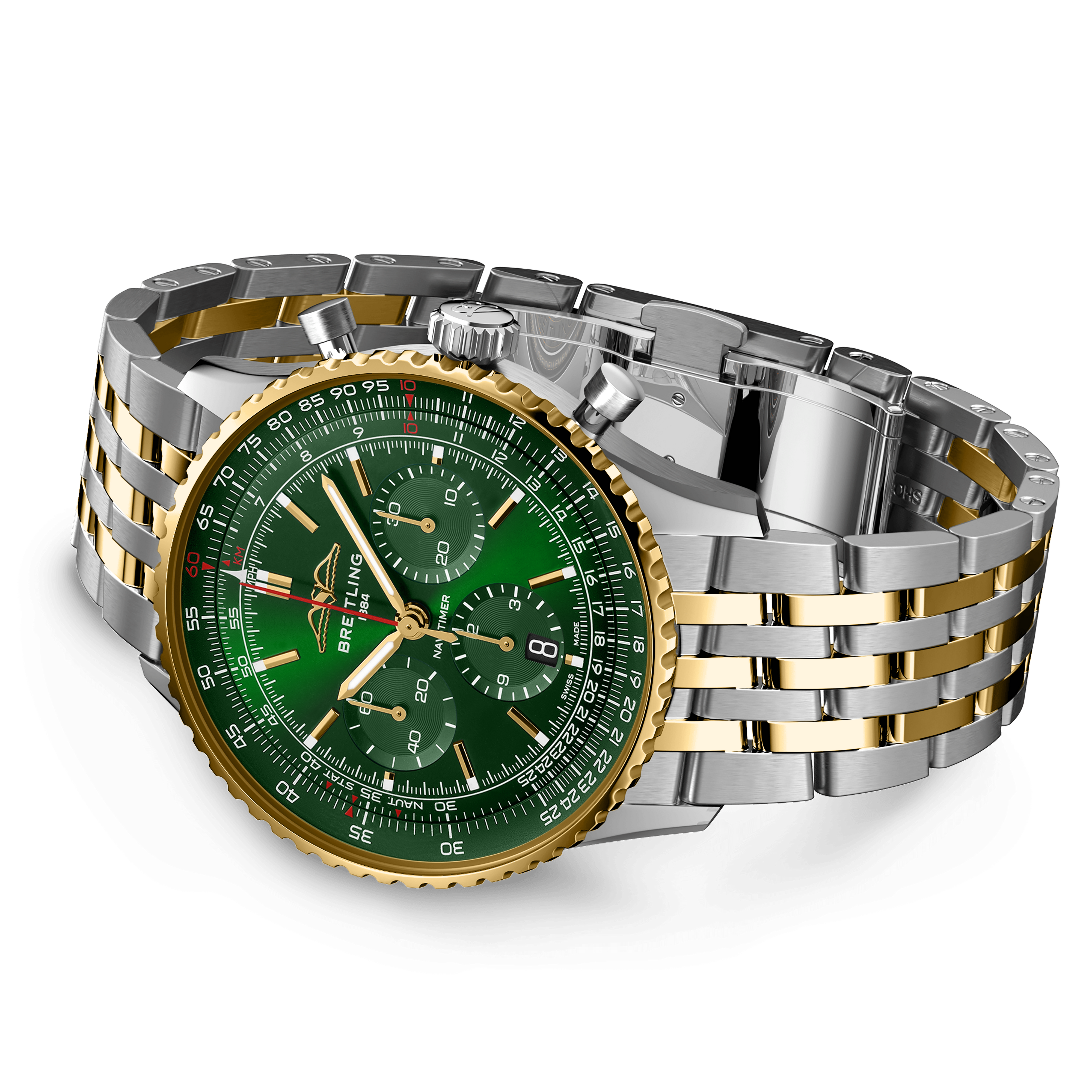 Navitimer B01 chronograph with green dial, yellow gold bezel, and stainless steel two-tone bracelet.