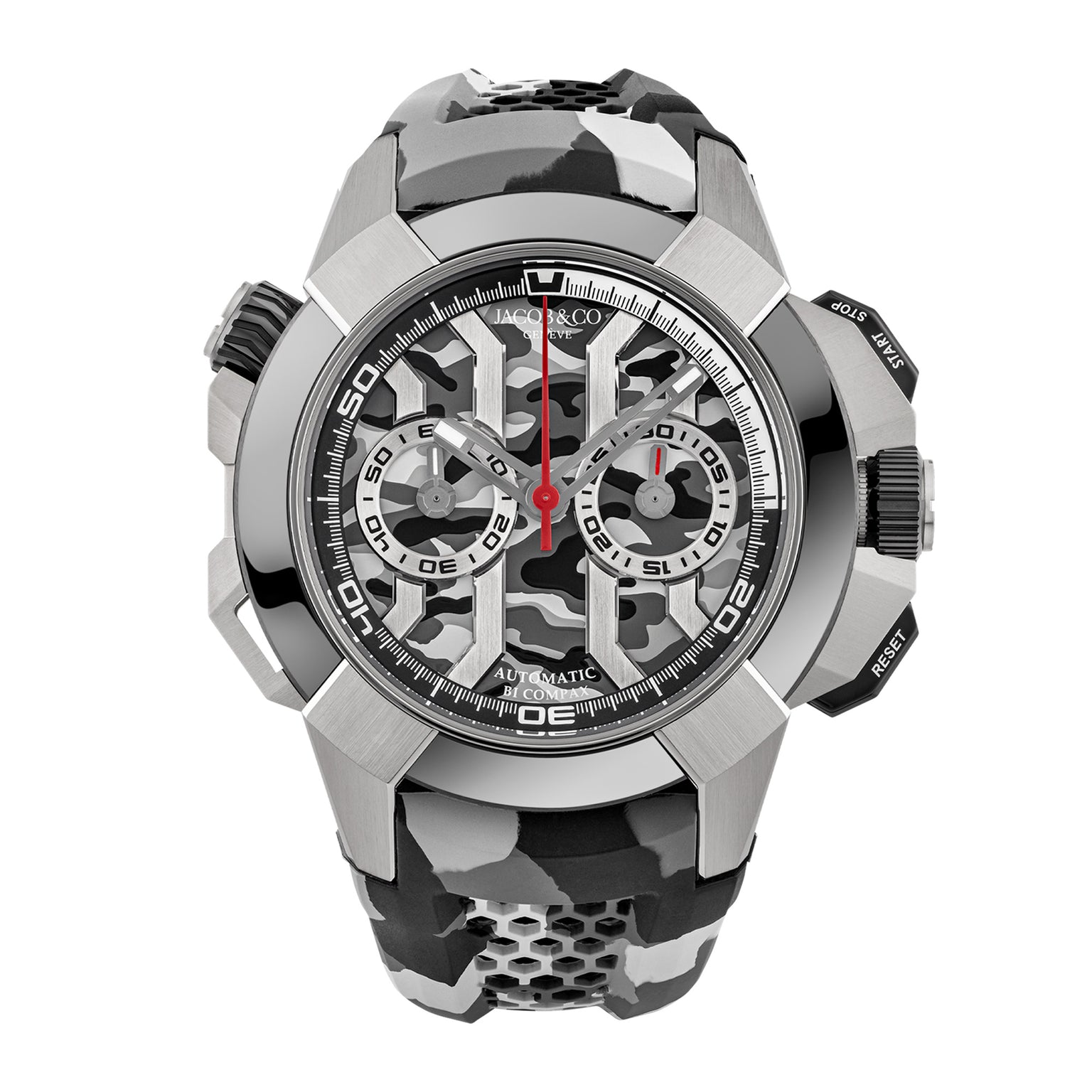 Steel chronograph watch with skeletal dial, visible automatic movement, two subdials, red hands, and black rubber strap.