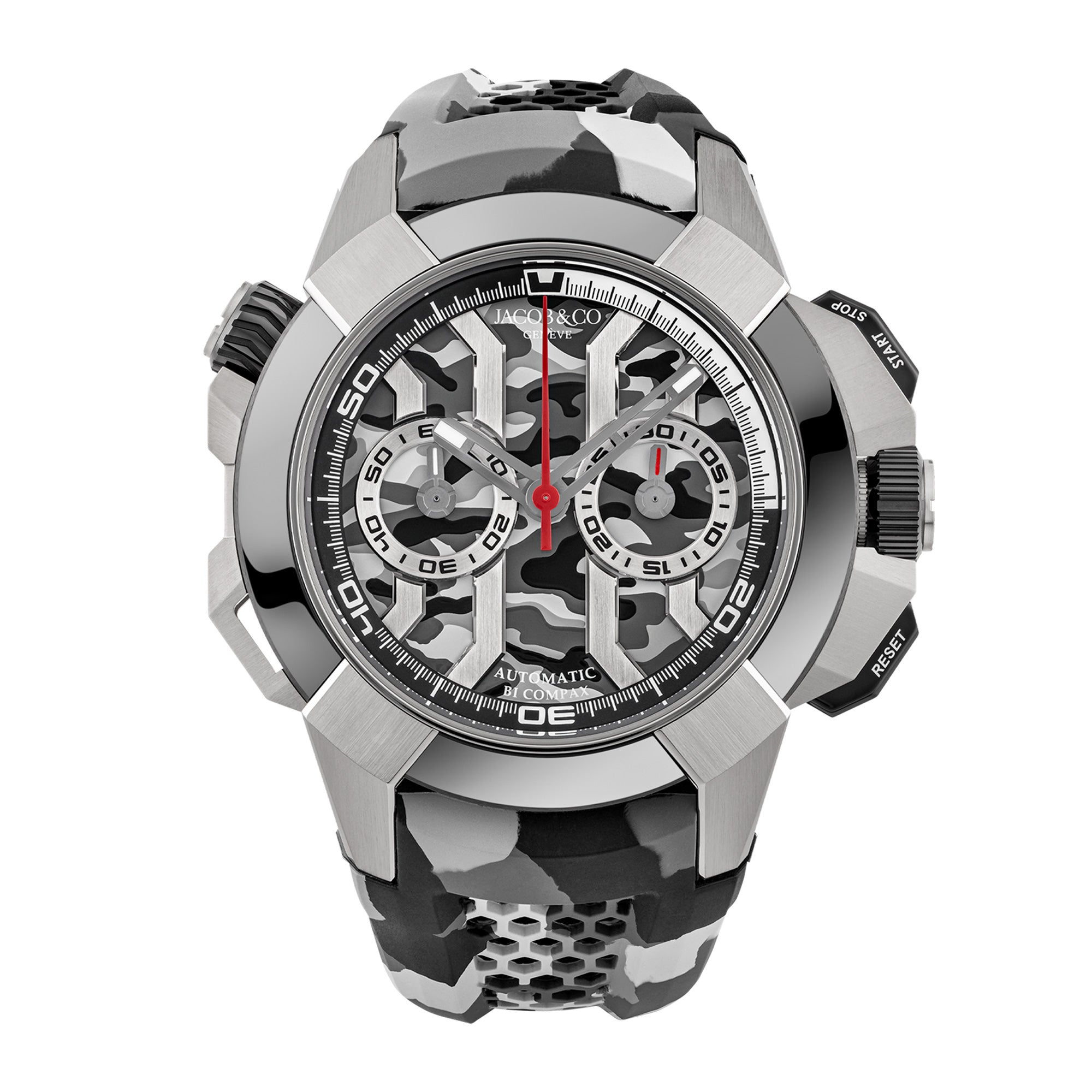 Steel chronograph watch with skeletal dial, visible automatic movement, two subdials, red hands, and black rubber strap.
