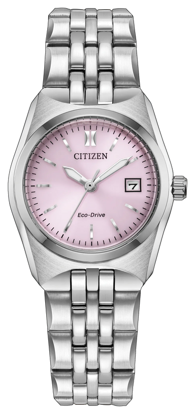 Stainless steel watch with pink dial, date window, and multi-link bracelet.