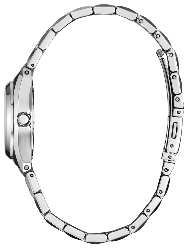 Stainless steel watch with rectangular link bracelet and round case shown from the side profile.
