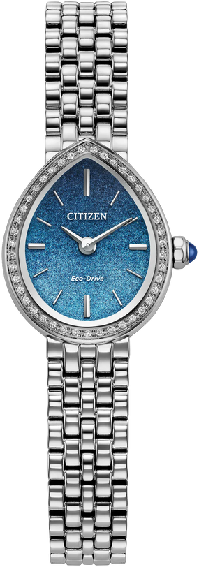 Citizen stainless steel watch with light blue textured dial, crystal-set bezel, and multi-link bracelet.
