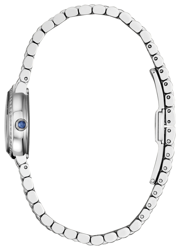 Stainless steel watch with light blue dial, segmented metal bracelet, and crystal-set bezel.