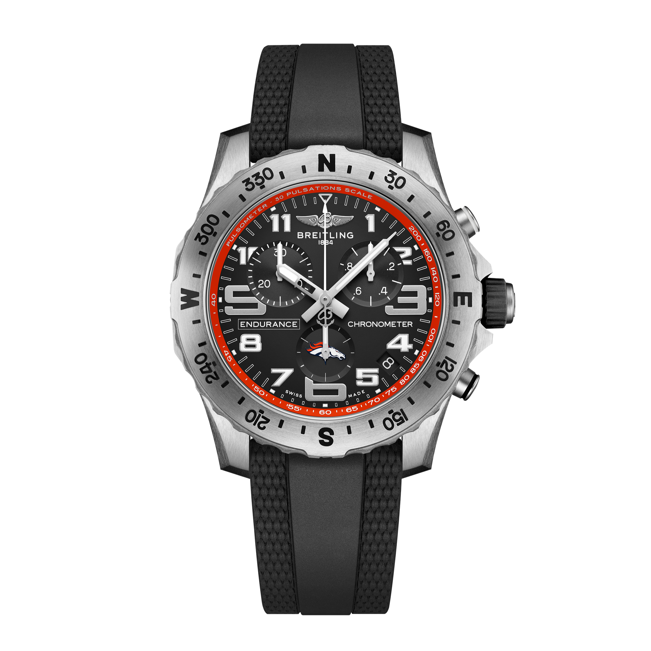 The Breitling Endurance Pro 44 Denver Broncos Edition features a black dial with white and orange accents, large white numerals, chronograph subdials, a compass bezel, and a black textured rubber strap.