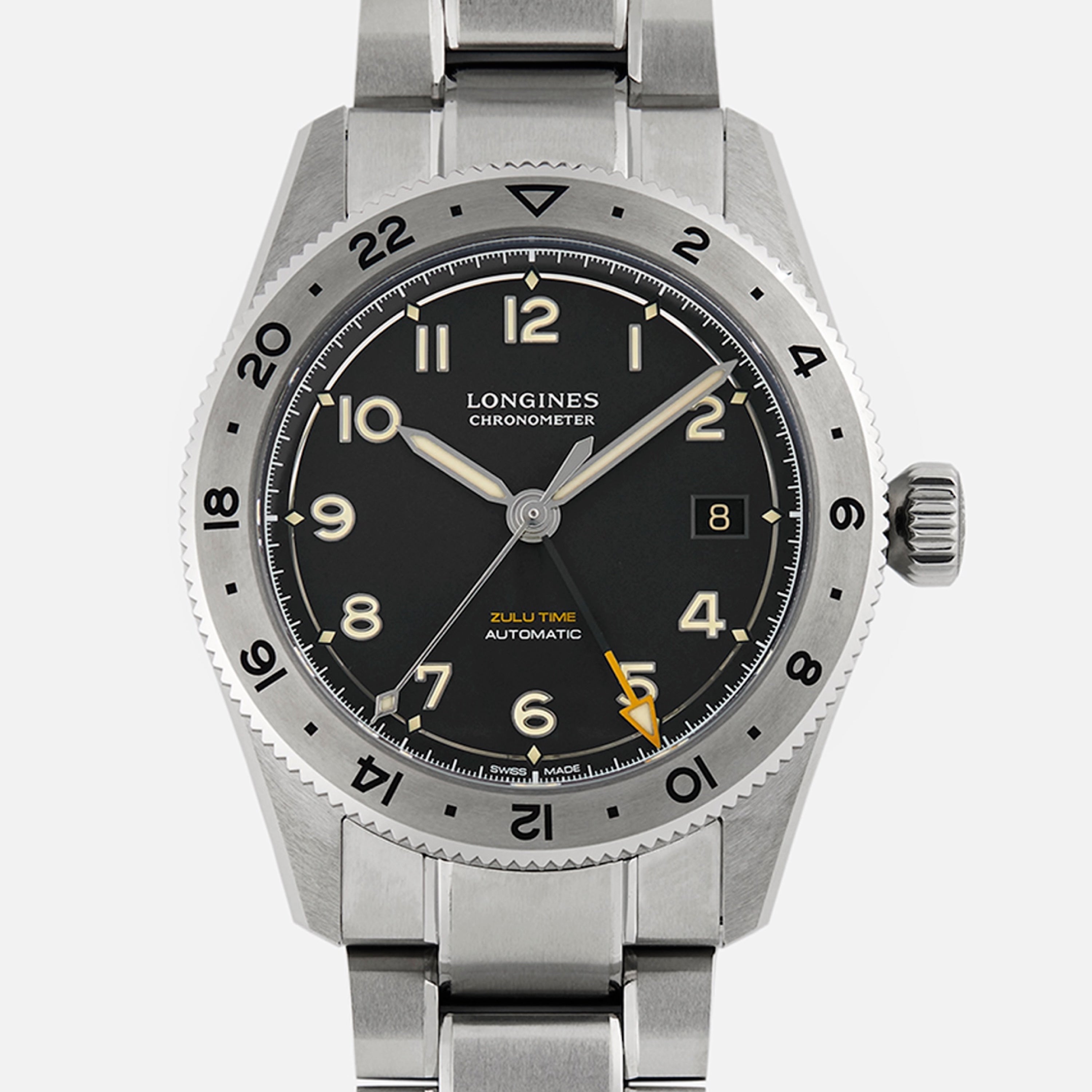 A Longines Spirit Zulu Time Limited Edition For Hodinkee wristwatch by Longines, in stainless steel with a black dial, Arabic numerals, date at 3 o’clock, and silver bezel, displaying the time as 10:08:37.